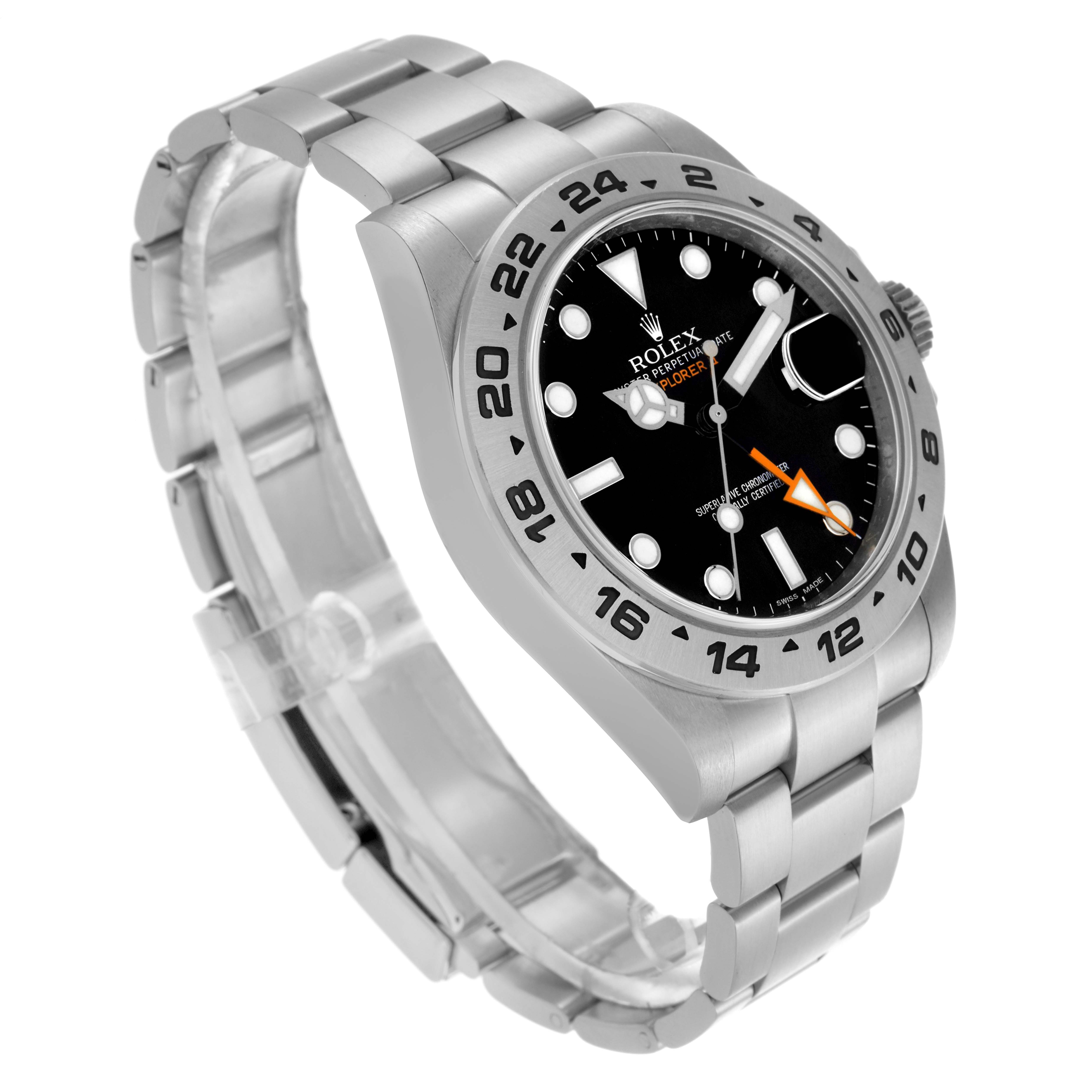 The Rolex Explorer 216570 Men's Stainless Steel Black Dial 216570 Men's Stainless Steel Black Dial watch is shown at a three-quarter angle, highlighting its bezel, dial, and bracelet.