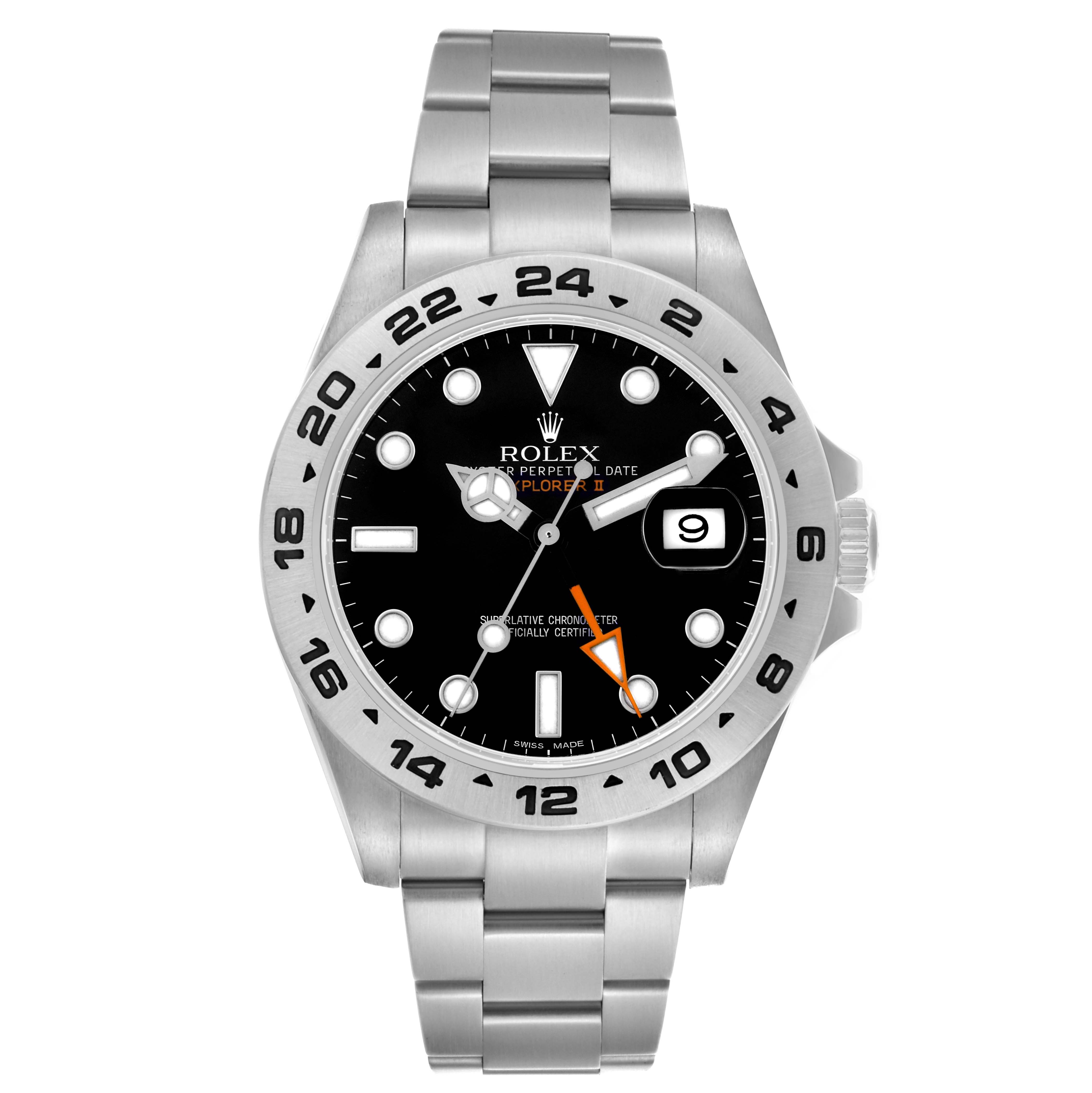 The Rolex Explorer 216570 Men's Stainless Steel Black Dial 216570 Men's Stainless Steel Black Dial model is shown from a top angle, displaying the watch face, bezel, bracelet, and date feature.