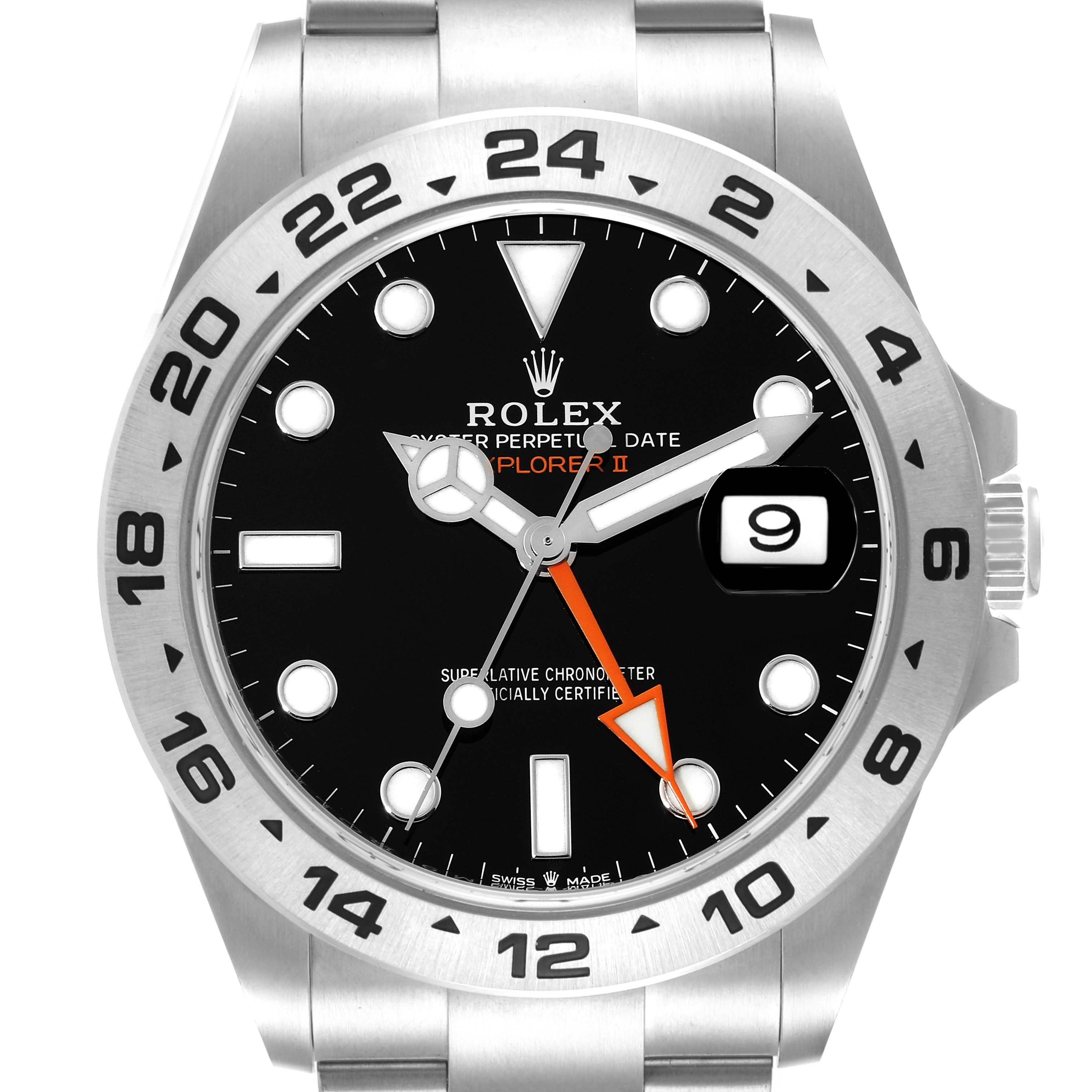 This image shows a front view of a Rolex Explorer 226570 Men
s Stainless Steel Black Dial 226570 Men
s Stainless Steel Black Dial watch featuring its case, bezel, dial, hands, and bracelet.
