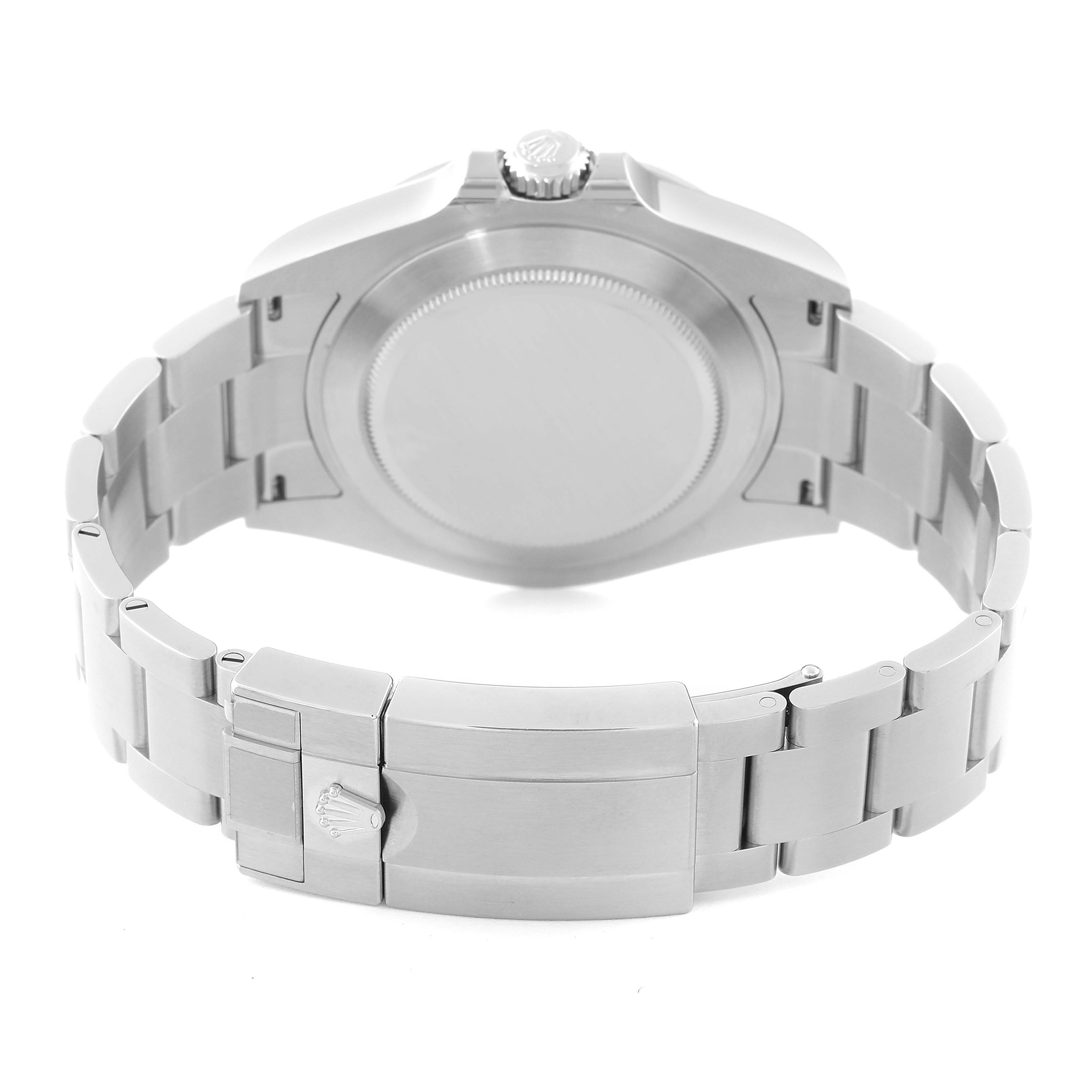 The image shows the back view of a Rolex Explorer 226570 Men
s Stainless Steel Black Dial 226570 Men
s Stainless Steel Black Dial watch, highlighting its case back, bracelet, and clasp.