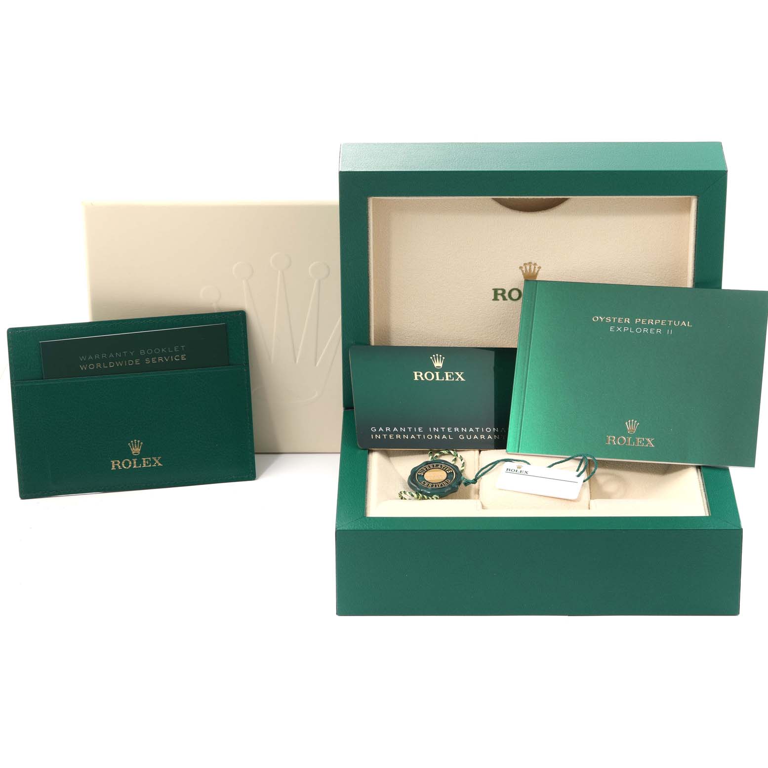 The image shows the packaging, warranty booklet, manuals, and tags for a Rolex Explorer 226570 Men
s Stainless Steel Black Dial 226570 Men
s Stainless Steel Black Dial model watch.