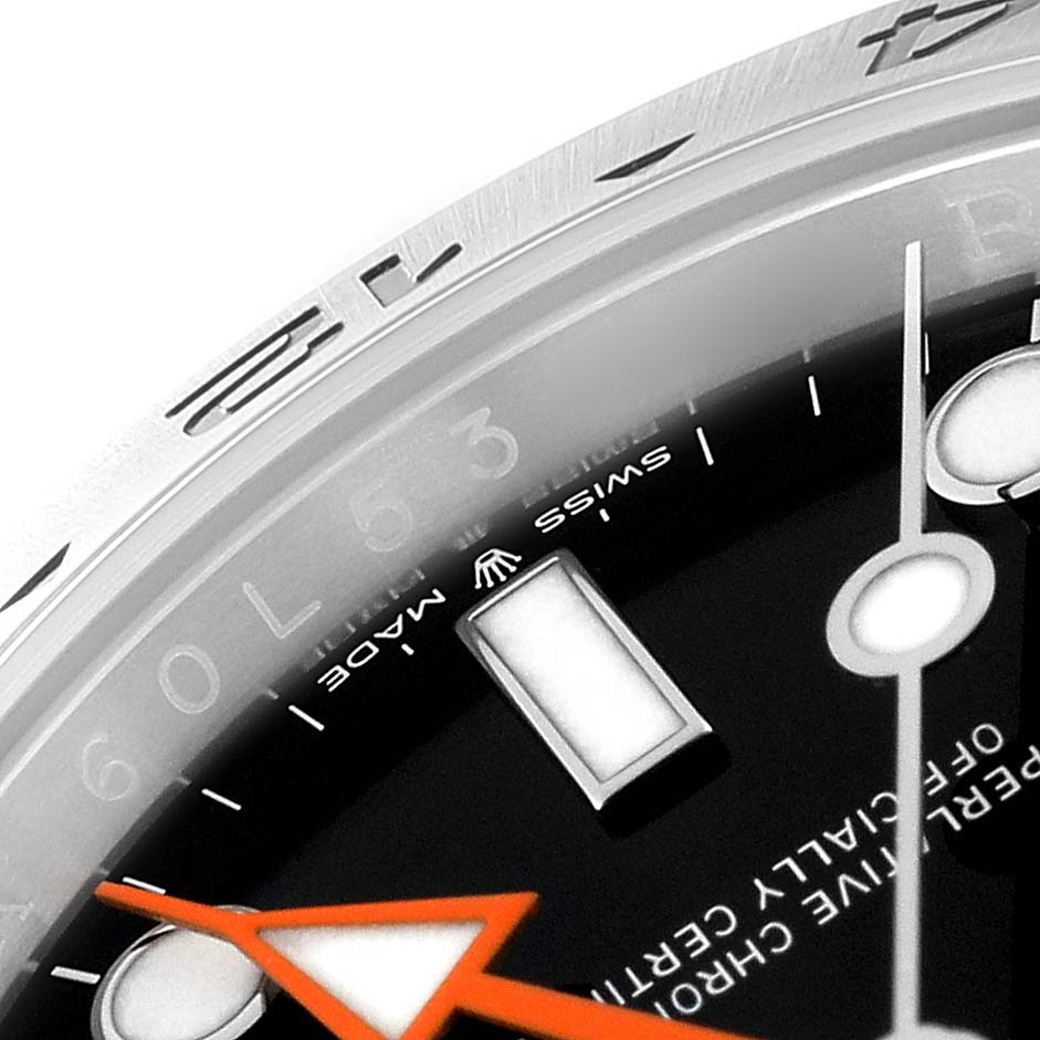 The image shows a close-up of the dial, hands, and bezel of a Rolex Explorer 226570 Men
s Stainless Steel Black Dial 226570 Men
s Stainless Steel Black Dial model watch.