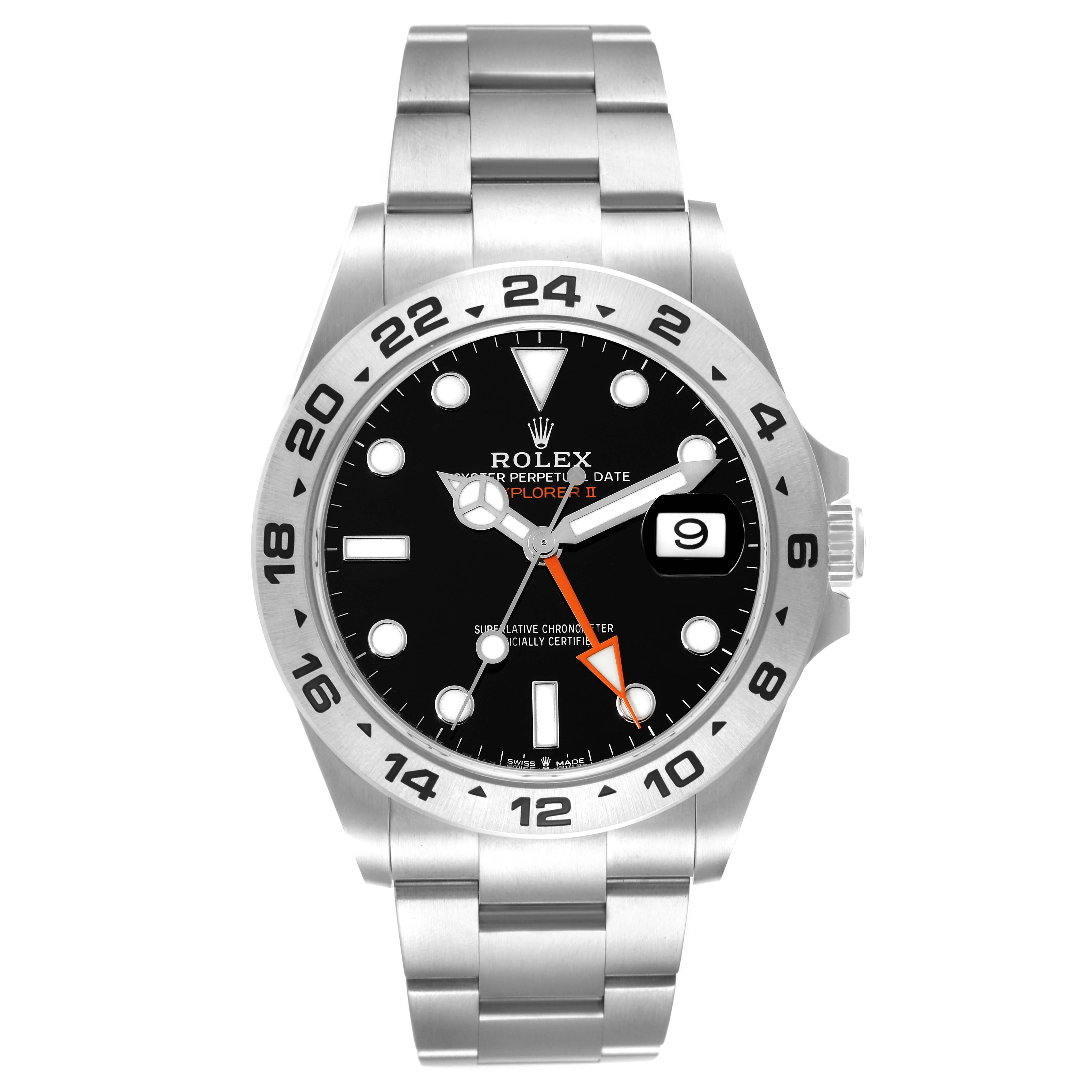The image shows a front view of a Rolex Explorer 226570 Men
s Stainless Steel Black Dial 226570 Men
s Stainless Steel Black Dial watch, highlighting its black dial, date window, and stainless steel bracelet.