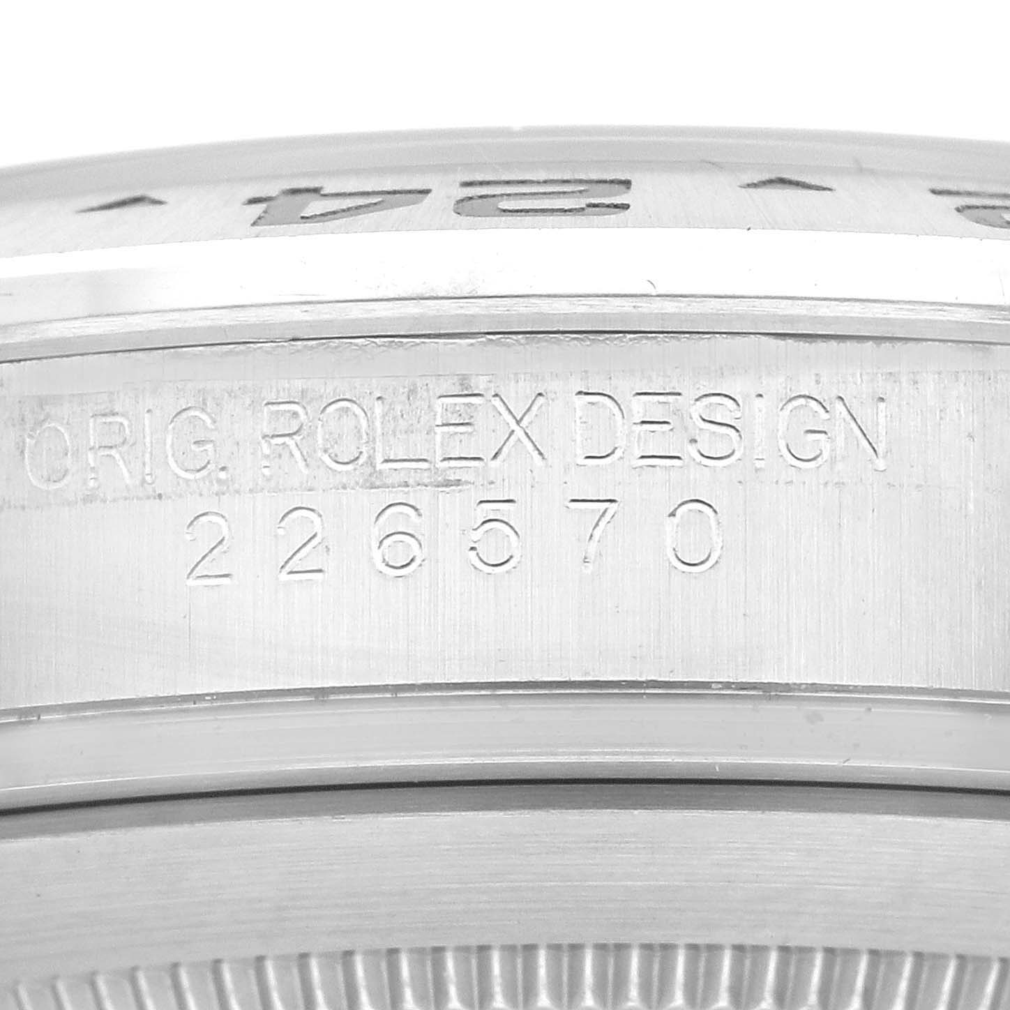 The image shows a close-up view of the side of a Rolex Explorer 226570 Men's Stainless Steel White Dial 226570 Men's Stainless Steel White Dial watch, highlighting the engraved design number 226570.