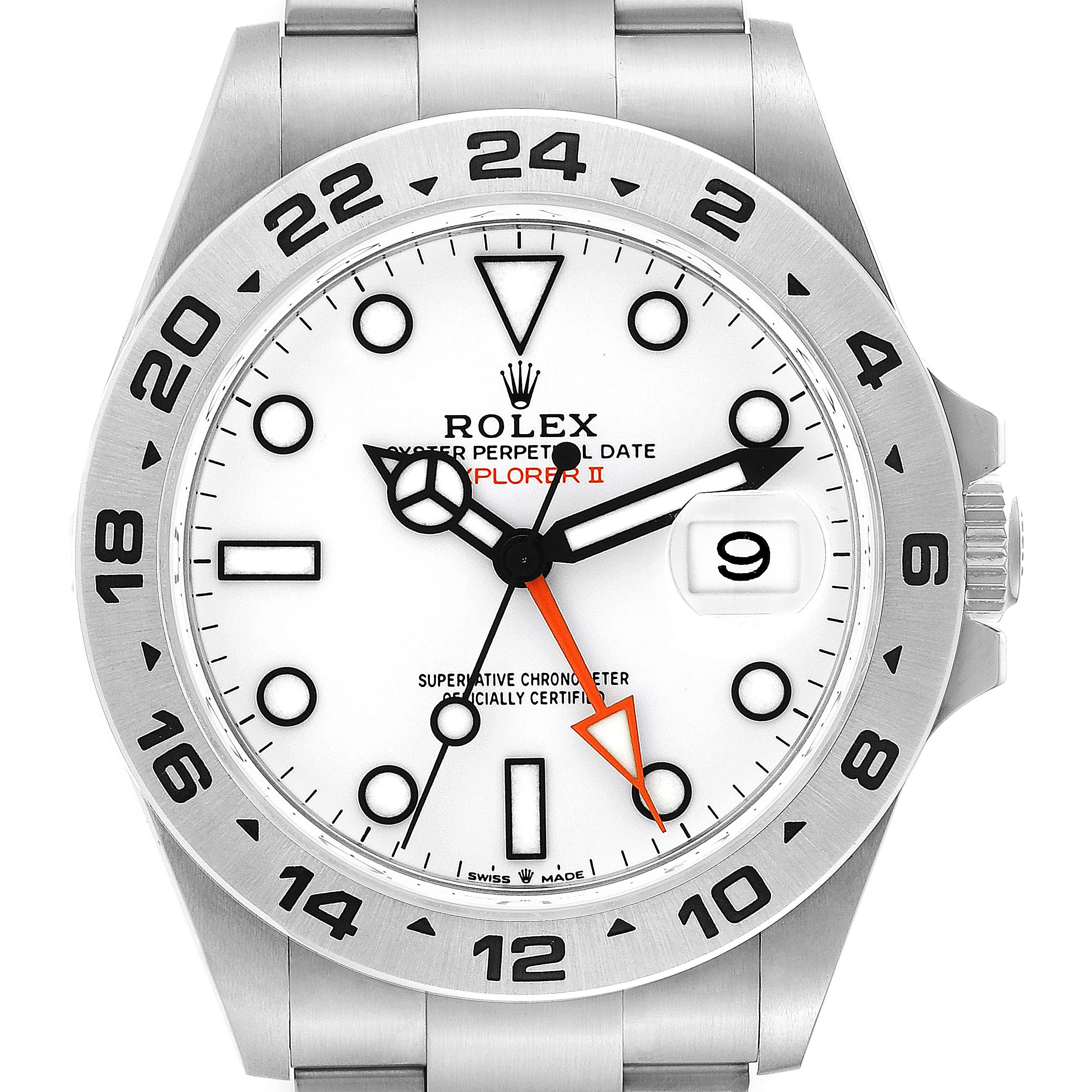 This is a front view of the Rolex Explorer 226570 Men's Stainless Steel White Dial 226570 Men's Stainless Steel White Dial watch, showing the face, bezel, and part of the bracelet.