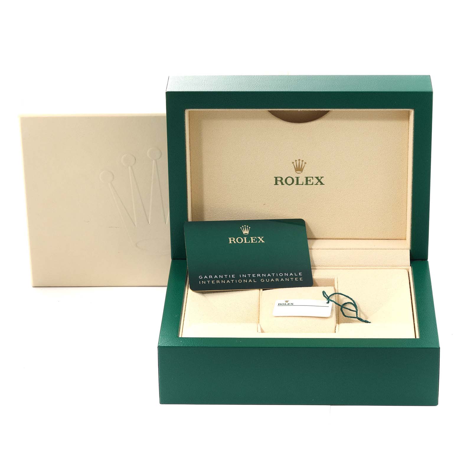 The image shows the open box of a Rolex Explorer 226570 Men's Stainless Steel White Dial 226570 Men's Stainless Steel White Dial watch, including a warranty card and accessory tag, viewed from the front.