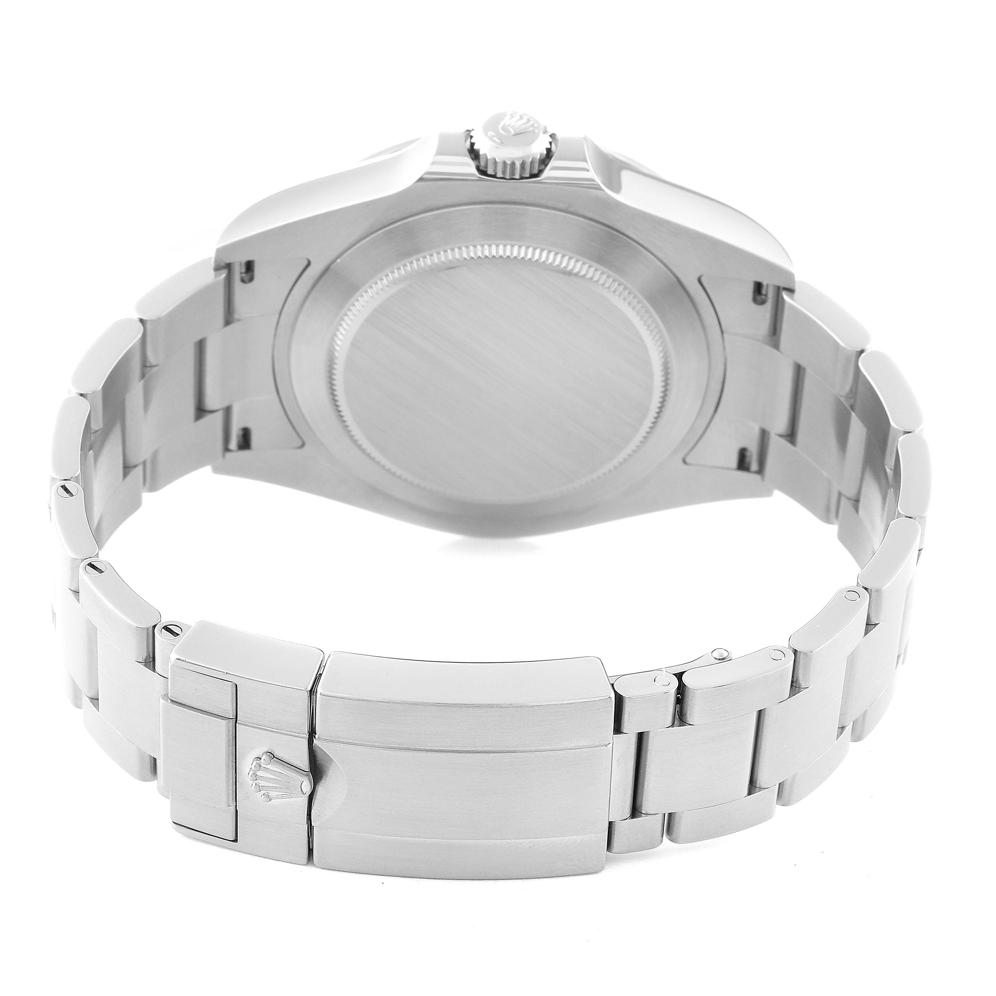 The image shows the back of the Rolex Explorer 226570 Men's Stainless Steel White Dial 226570 Men's Stainless Steel White Dial watch and its stainless steel bracelet with the clasp.