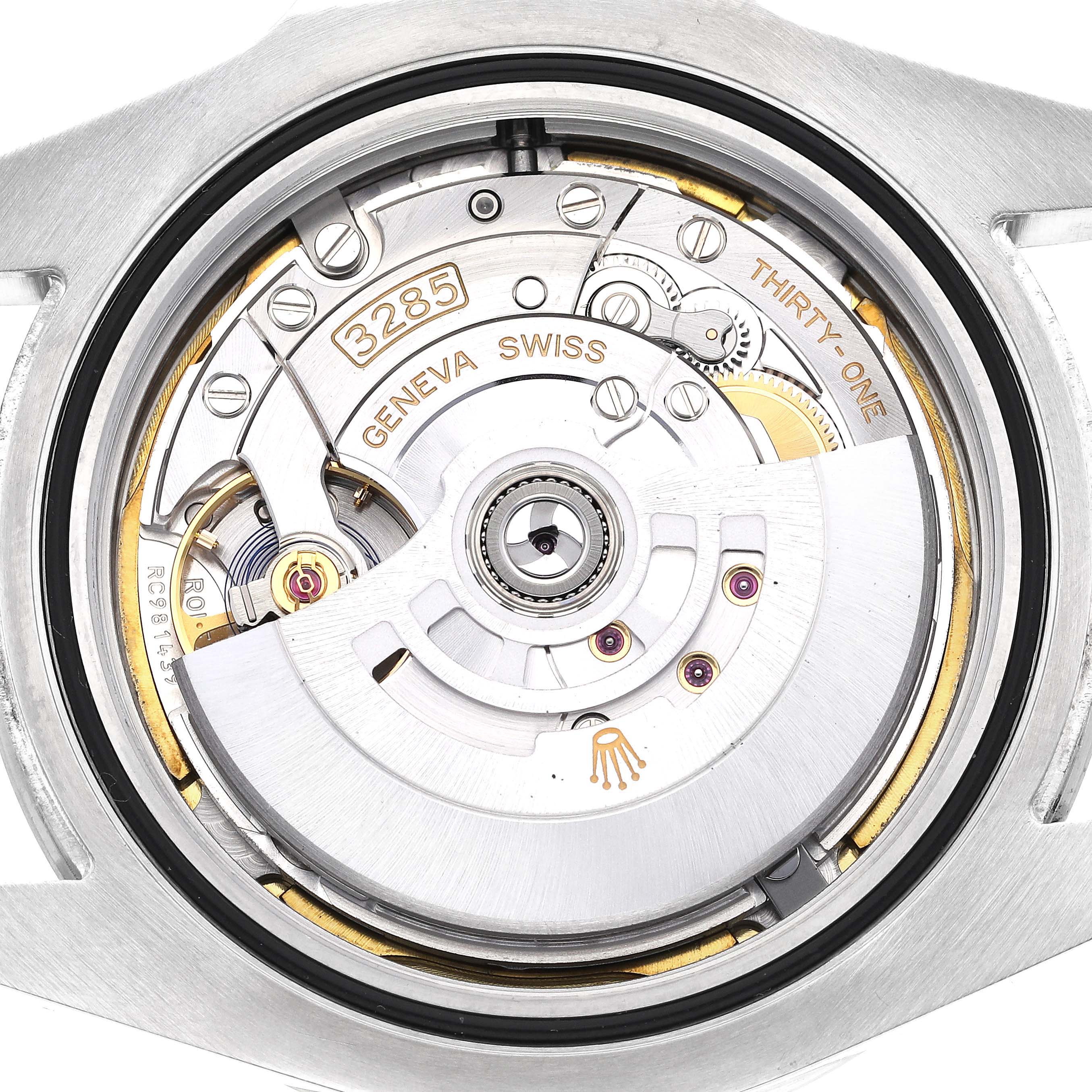 This image shows the inner mechanism of a Rolex Explorer 226570 Men's Stainless Steel White Dial 226570 Men's Stainless Steel White Dial watch from a close-up, focusing on its intricate movement components.