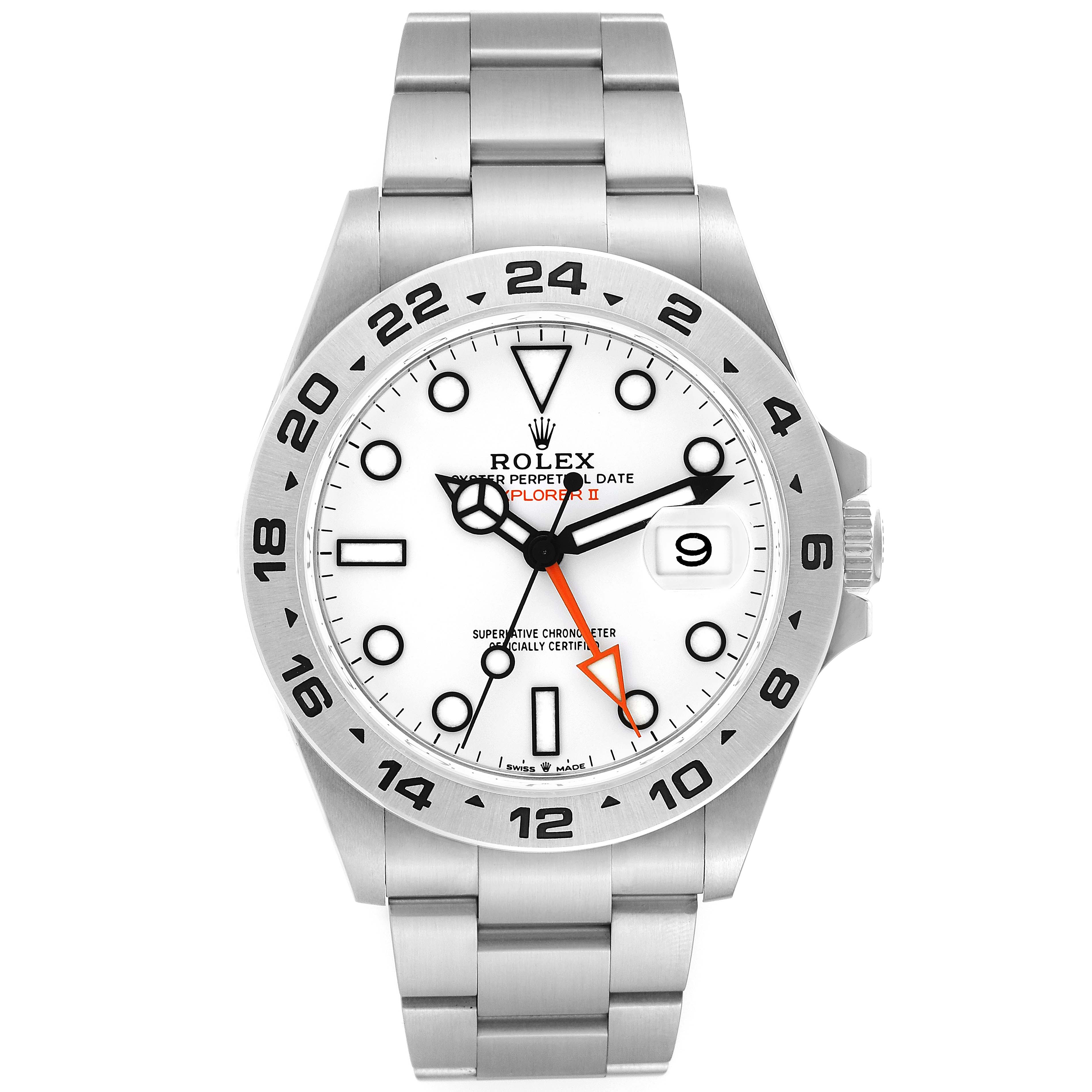 The image shows a front view of a Rolex Explorer 226570 Men's Stainless Steel White Dial 226570 Men's Stainless Steel White Dial watch, featuring its dial, bezel, and bracelet.