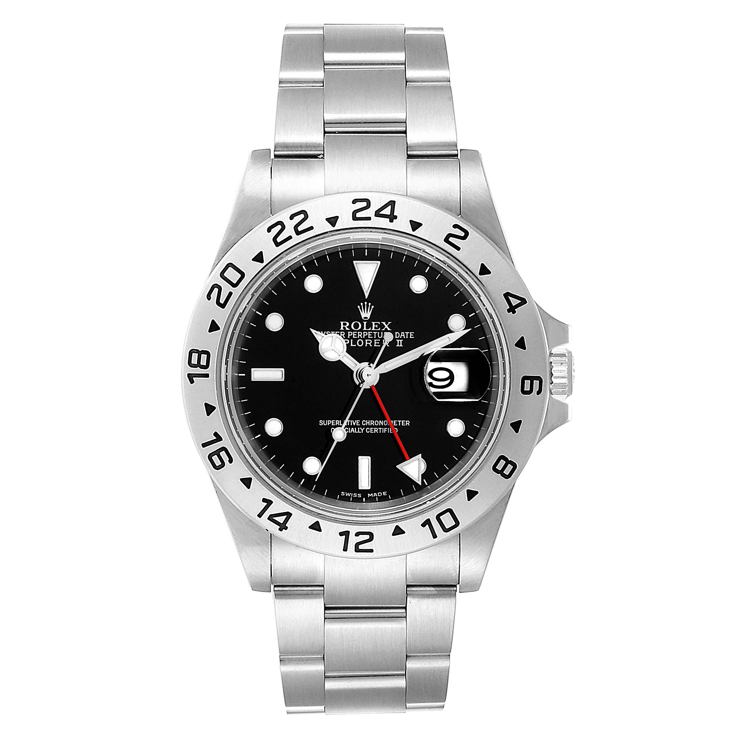 The image shows a front view of a Rolex Explorer 16570 Men
s Stainless Steel Black Dial 16570 Men
s Stainless Steel Black Dial watch, displaying its face, bezel, and bracelet.