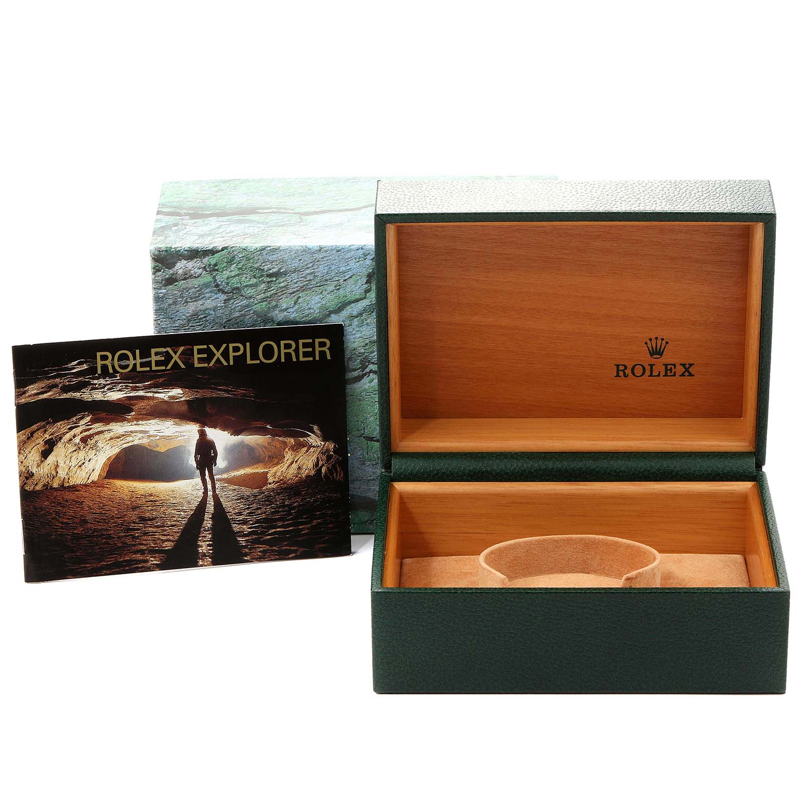 The image shows the packaging box and booklet for the Rolex Explorer 16570 Men
s Stainless Steel Black Dial 16570 Men
s Stainless Steel Black Dial model
s accessories.