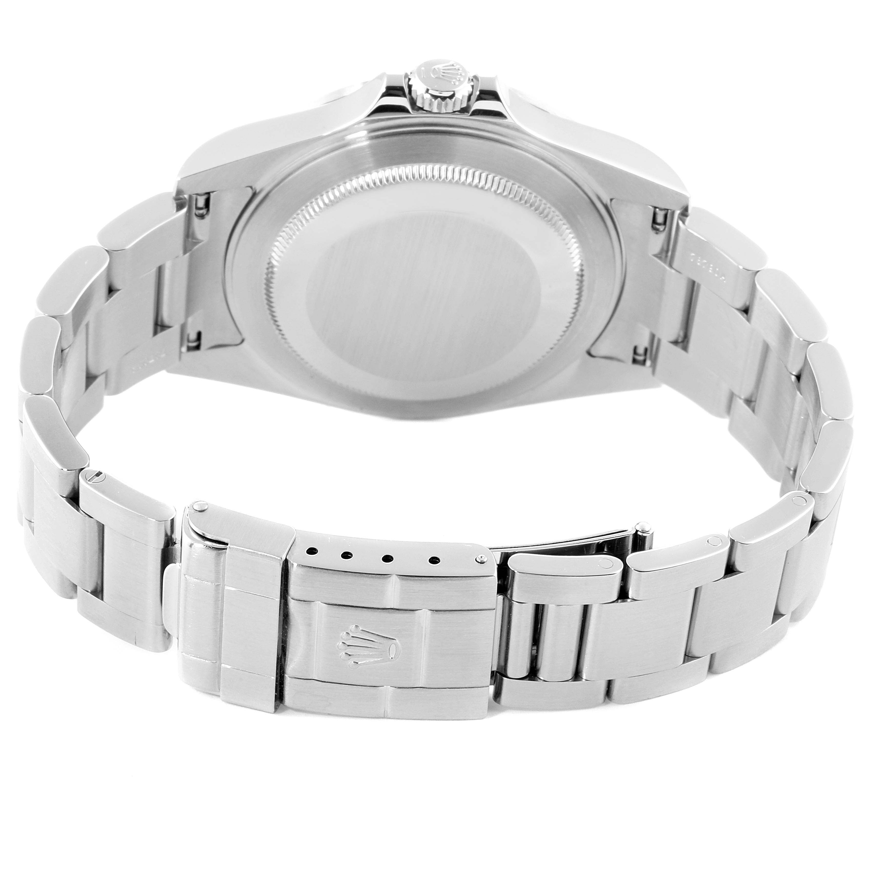 The image shows the back view of the Rolex Explorer 16570 Men
s Stainless Steel Black Dial 16570 Men
s Stainless Steel Black Dial watch, highlighting its case back and stainless steel bracelet.