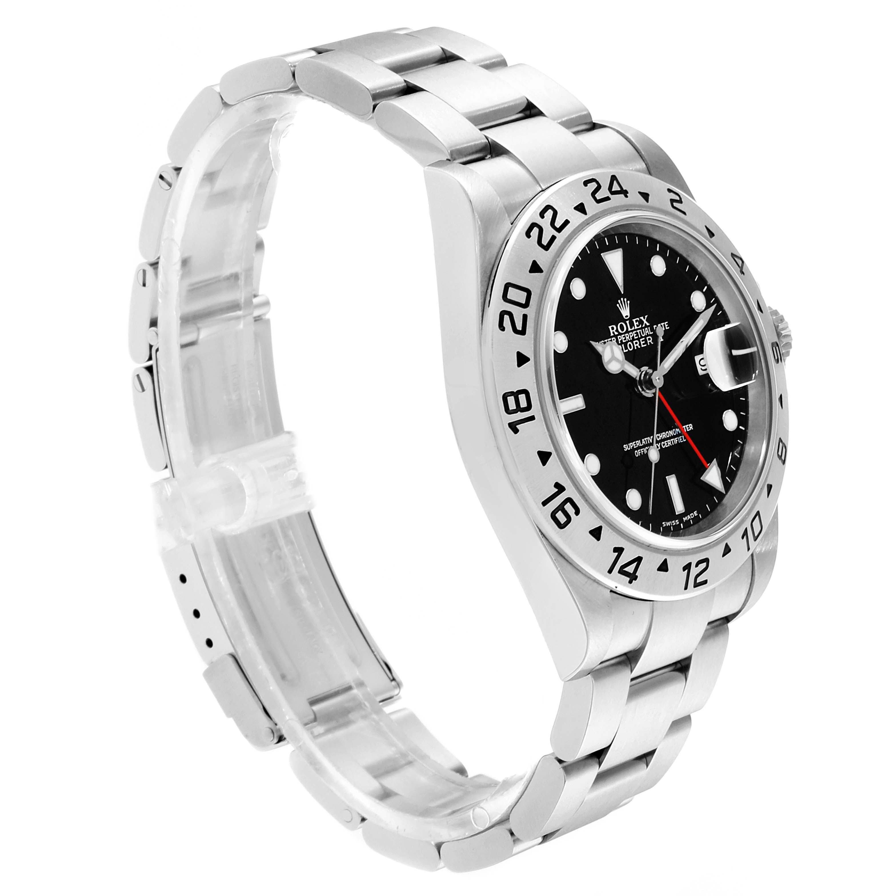 The Rolex Explorer 16570 Men
s Stainless Steel Black Dial 16570 Men
s Stainless Steel Black Dial watch is shown at a side angle, displaying its bracelet, bezel, dial, and part of the clasp.