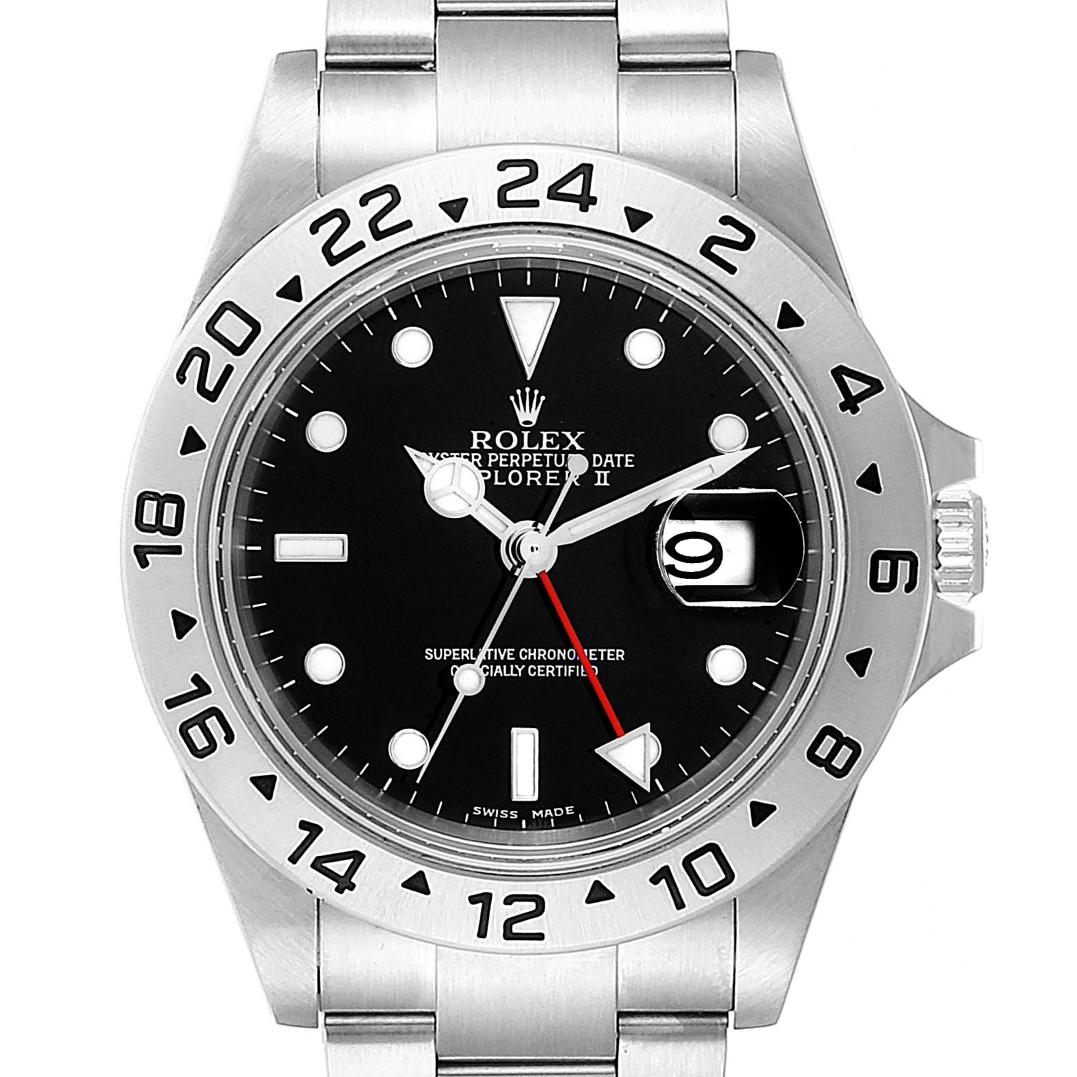 This image shows a front view of the Rolex Explorer 16570 Men
s Stainless Steel Black Dial 16570 Men
s Stainless Steel Black Dial watch, highlighting the dial, bezel, date magnifier, and bracelet.