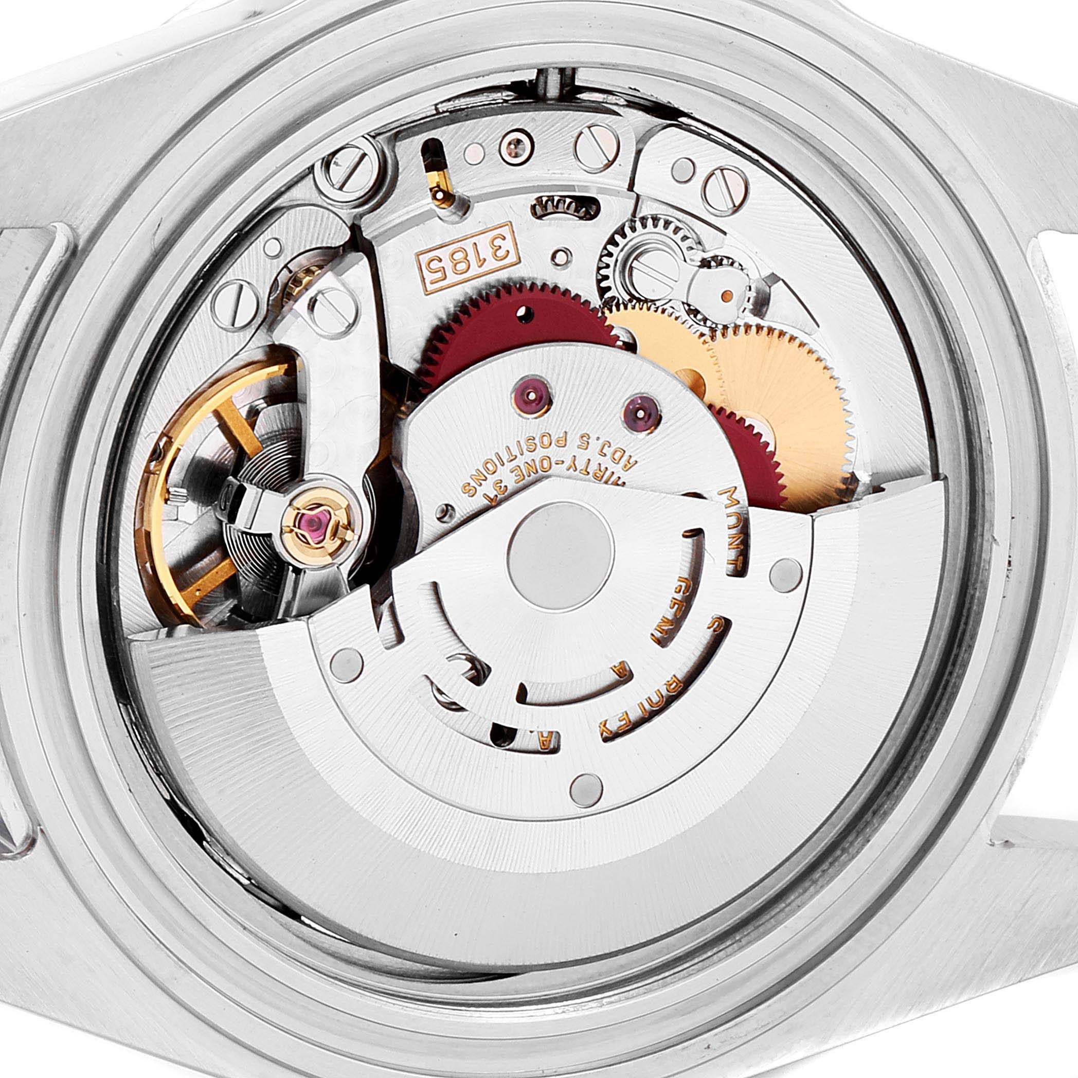 This is a close-up view of the internal mechanism of a Rolex Explorer 16570 Men
s Stainless Steel Black Dial 16570 Men
s Stainless Steel Black Dial watch, showing gears and movement components.