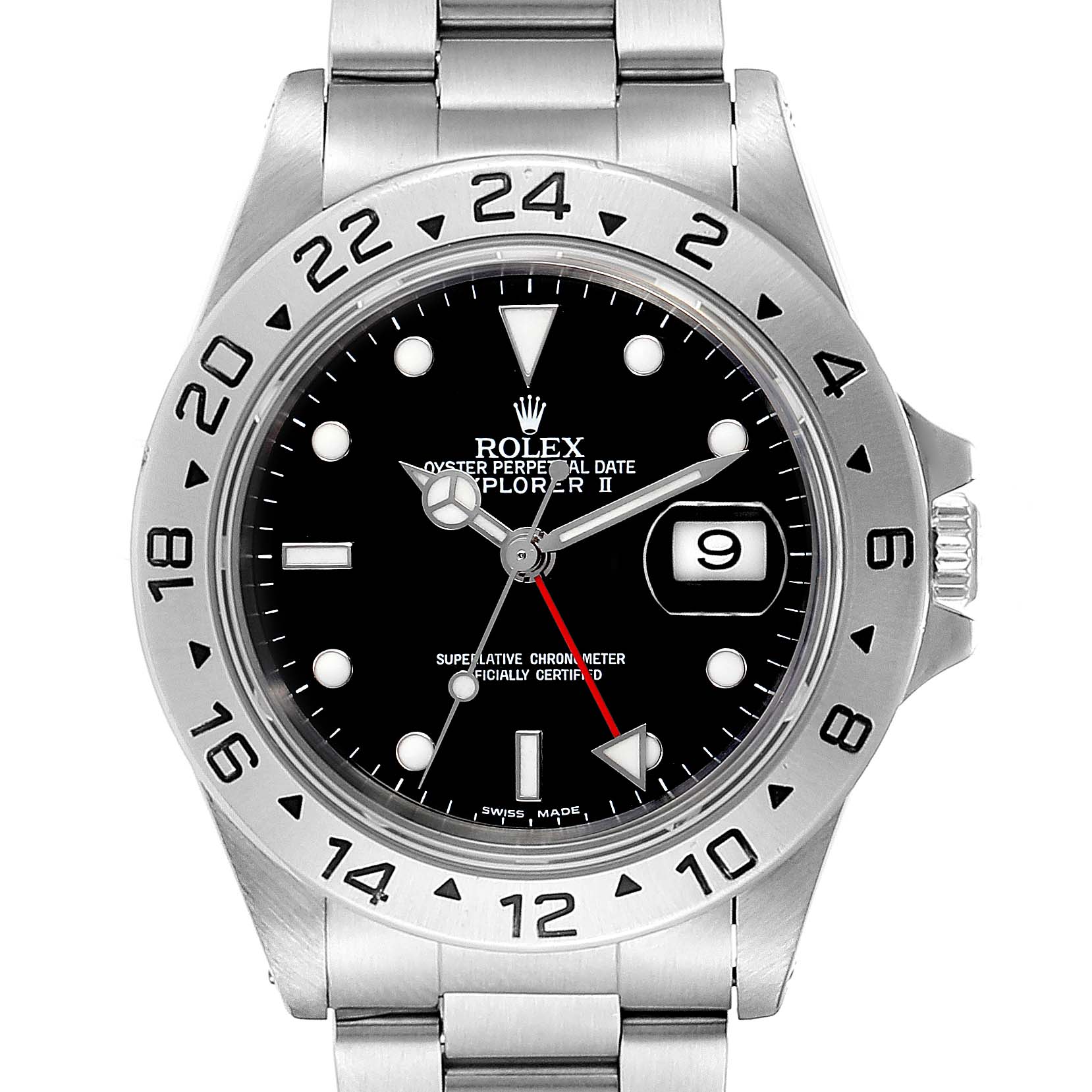 The image shows a front view of the Rolex Explorer 16570 Men
s Stainless Steel Black Dial 16570 Men
s Stainless Steel Black Dial watch, highlighting the dial, hands, date, bezel, and bracelet.