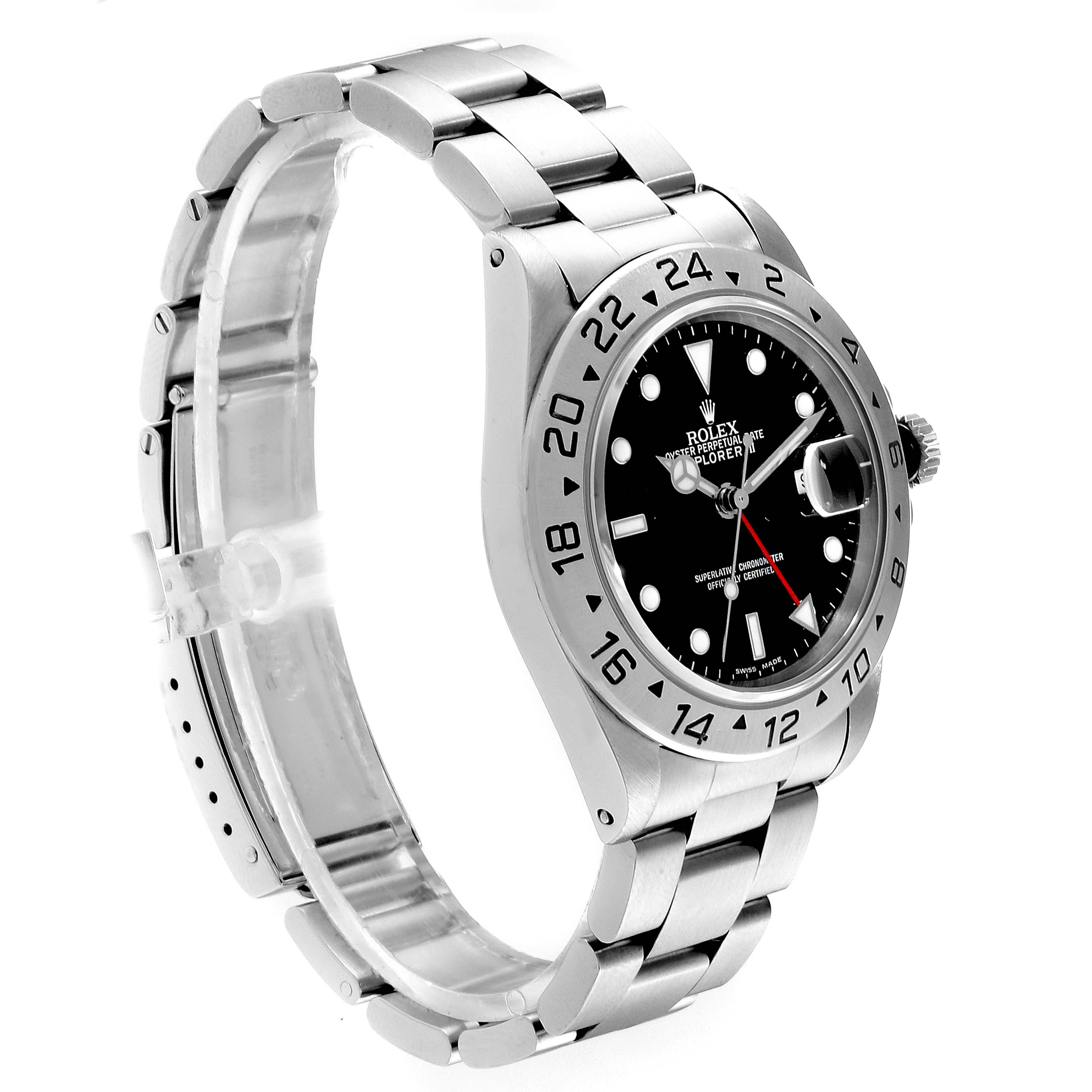 The image shows a side angle of the Rolex Explorer 16570 Men
s Stainless Steel Black Dial 16570 Men
s Stainless Steel Black Dial watch, highlighting its face, bezel, and bracelet.