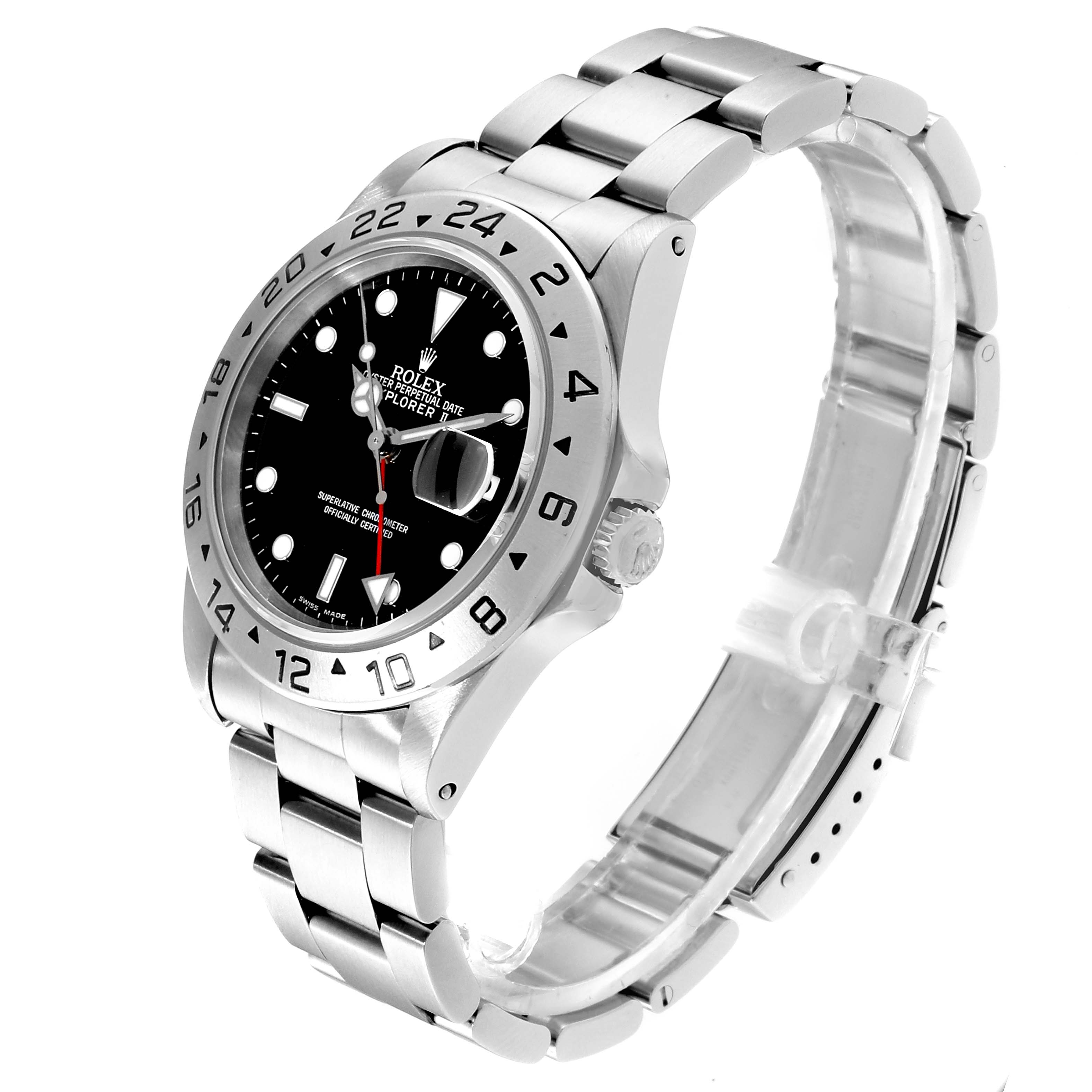 The Rolex Explorer 16570 Men
s Stainless Steel Black Dial 16570 Men
s Stainless Steel Black Dial watch is shown from an angled perspective, highlighting its bezel, dial, bracelet, and crown.