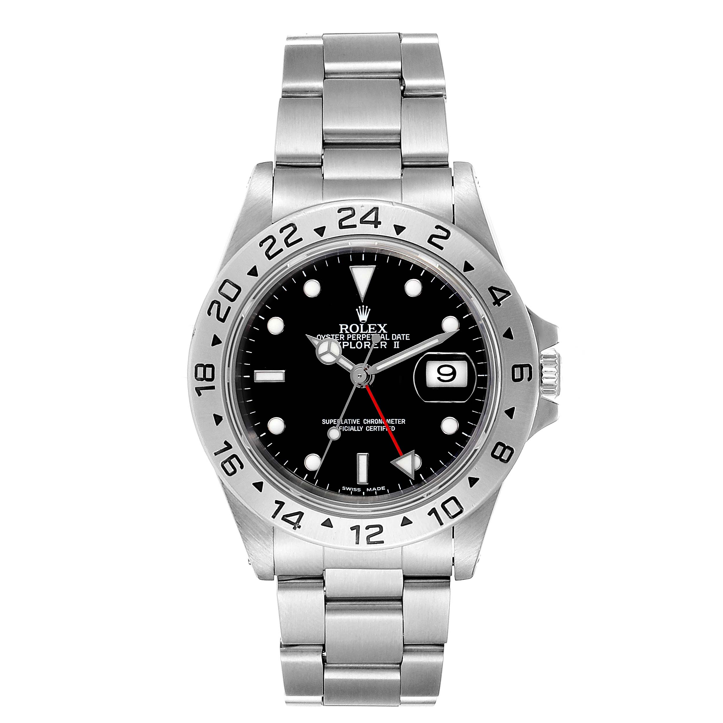 The image shows a front view of a Rolex Explorer 16570 Men
s Stainless Steel Black Dial 16570 Men
s Stainless Steel Black Dial watch, displaying the dial, bezel, bracelet, and date window.