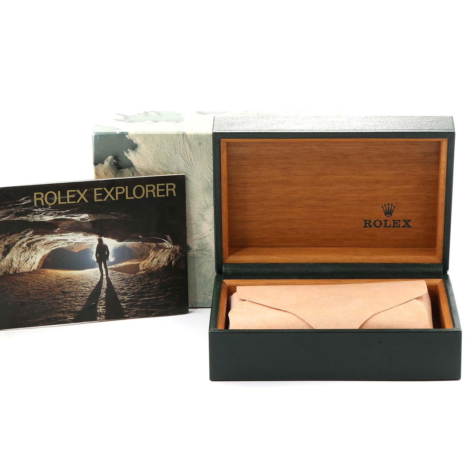 The image shows a Rolex Explorer 16570 Men
s Stainless Steel Black Dial 16570 Men
s Stainless Steel Black Dial packaging including the open watch box and brochure.