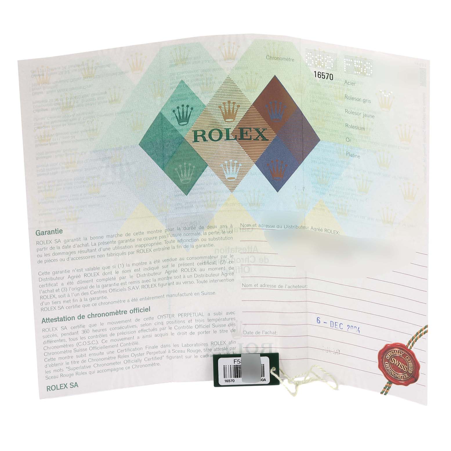 The image shows warranty and certification papers for the Rolex Explorer 16570 Men
s Stainless Steel Black Dial 16570 Men
s Stainless Steel Black Dial watch model.