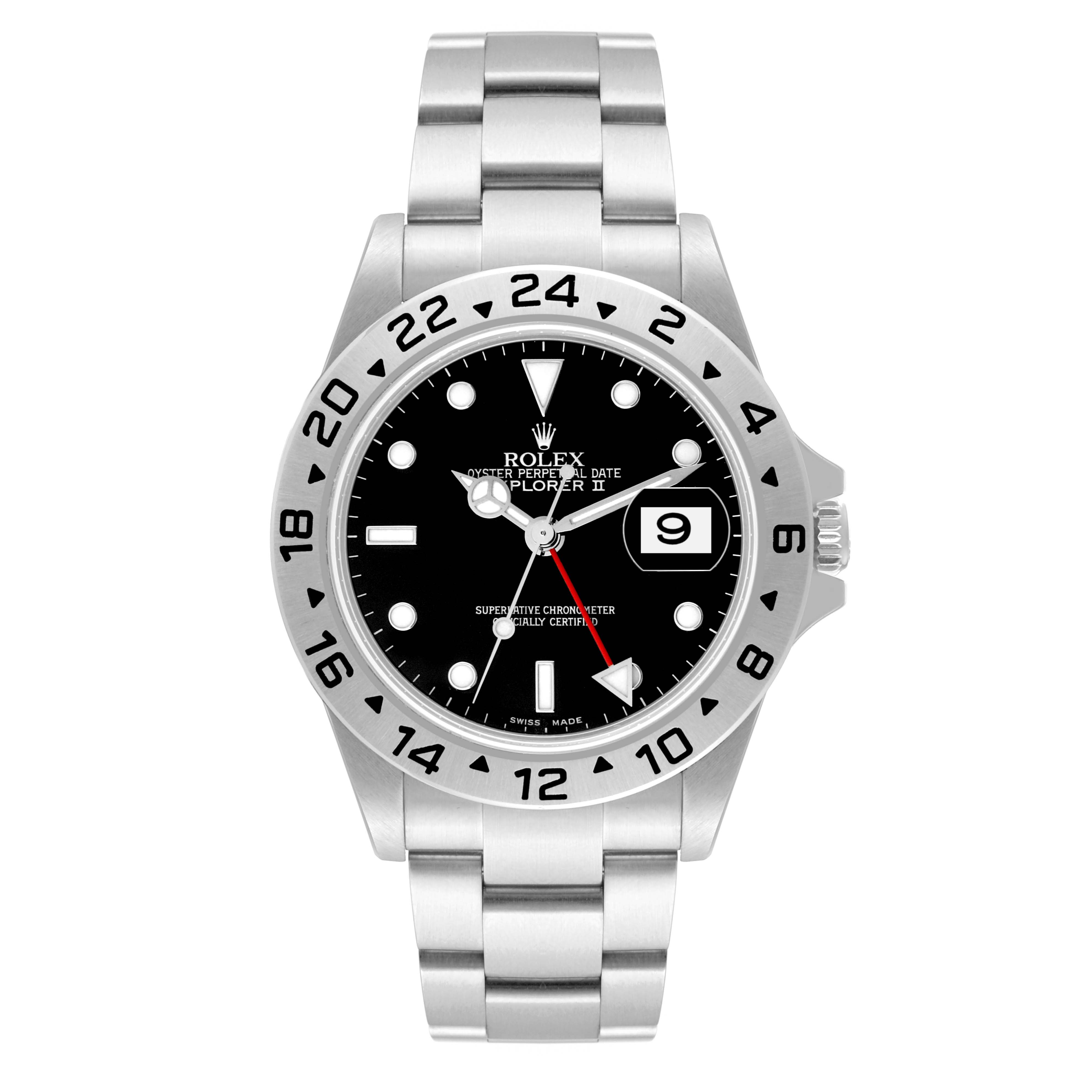 The image shows a front view of a Rolex Explorer 16570 Men
s Stainless Steel Black Dial 16570 Men
s Stainless Steel Black Dial watch, displaying the dial, bezel, bracelet, and date window.