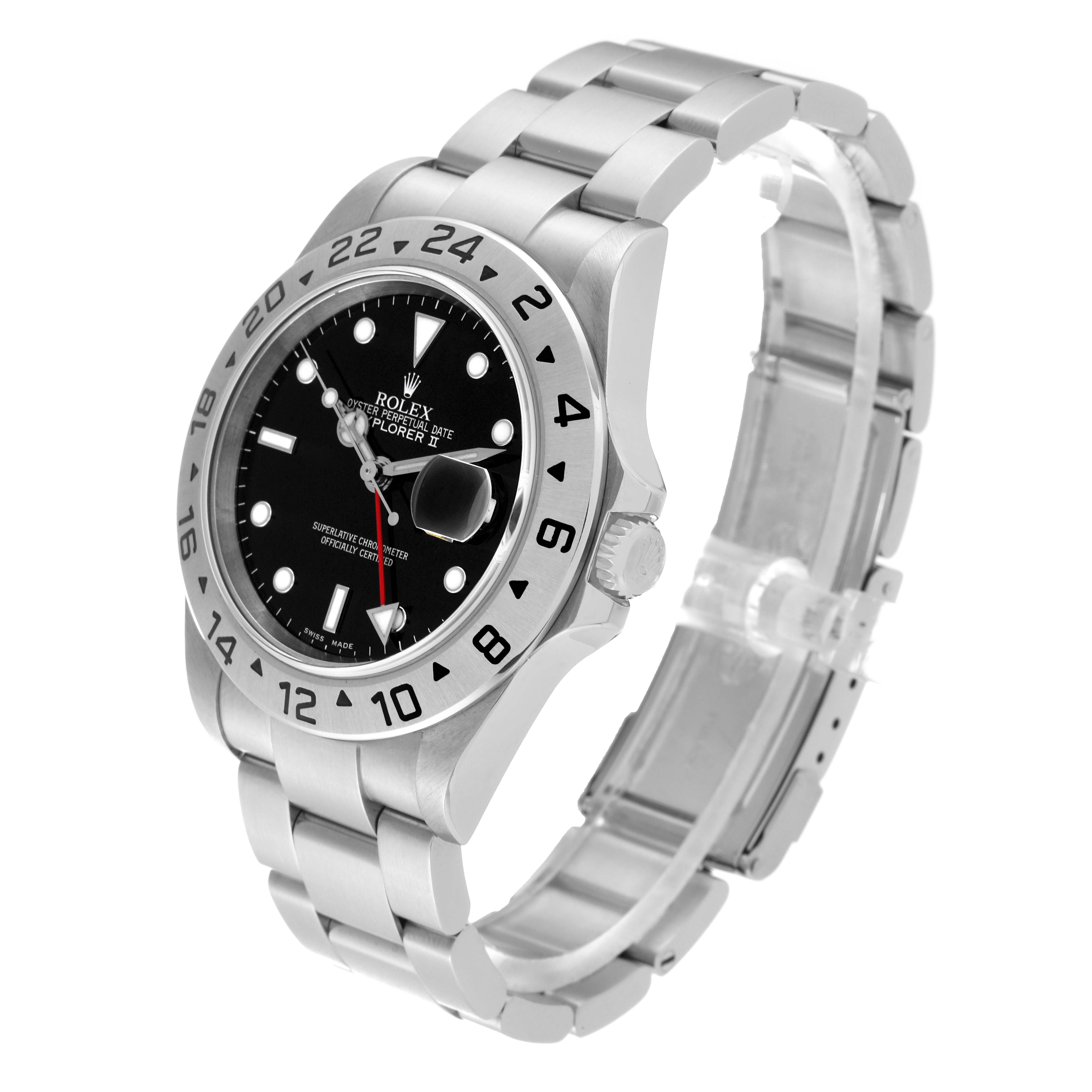 This image shows a Rolex Explorer 16570 Men
s Stainless Steel Black Dial 16570 Men
s Stainless Steel Black Dial watch from a side angle featuring the bracelet, crown, bezel, and black dial.