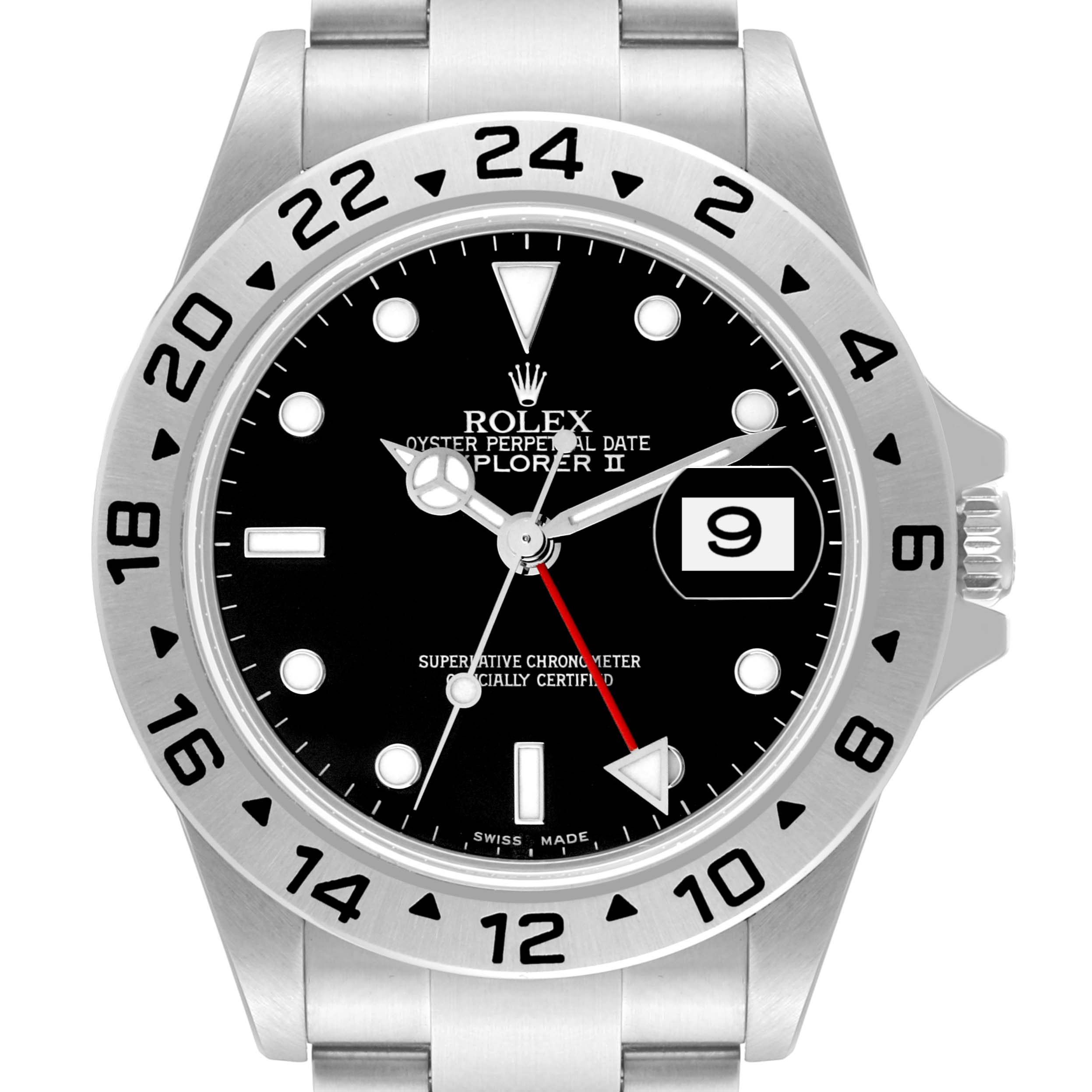 This image shows a frontal view of a Rolex Explorer 16570 Men
s Stainless Steel Black Dial 16570 Men
s Stainless Steel Black Dial watch, highlighting the dial, bezel, and part of the bracelet.