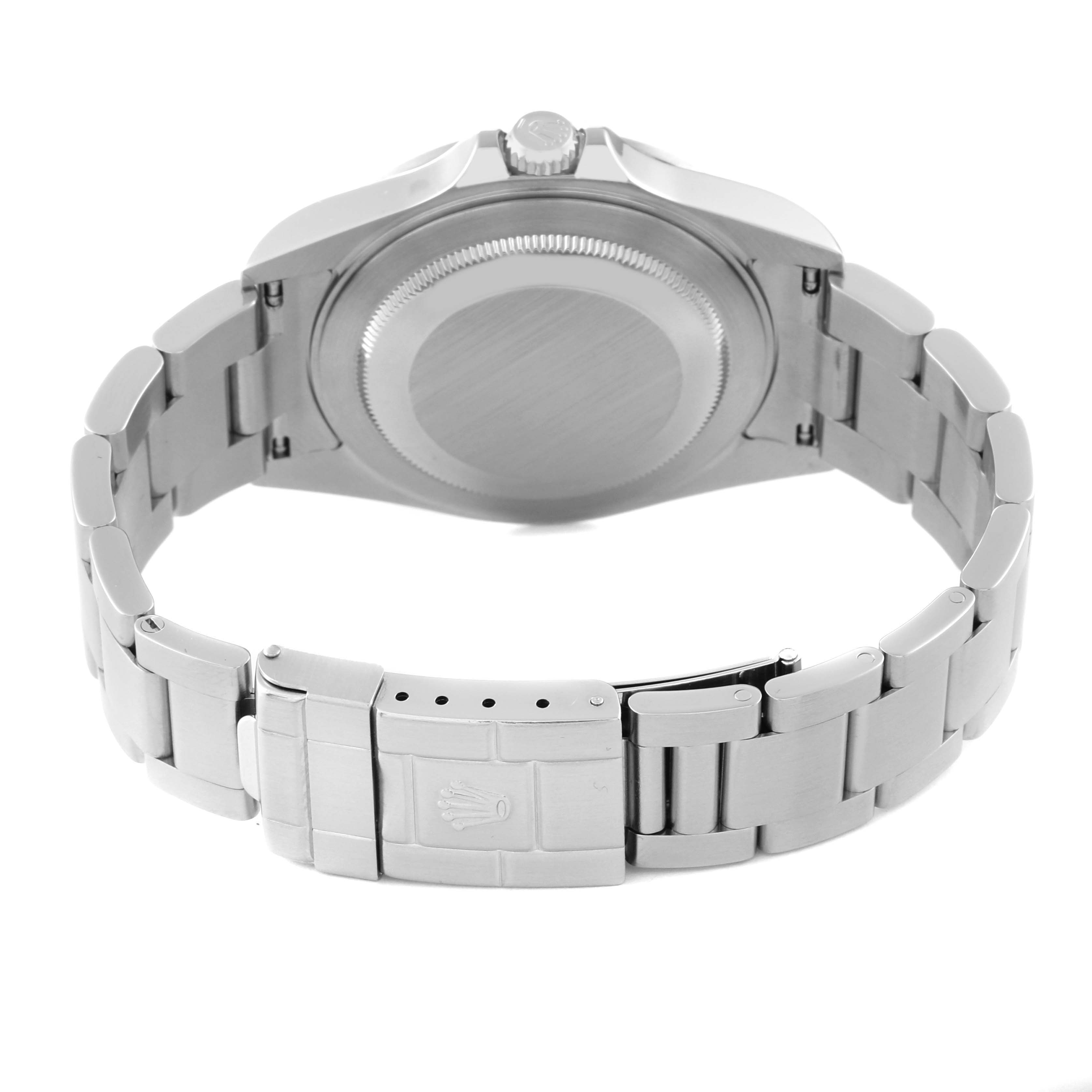 The image shows the backside of the Rolex Explorer 16570 Men
s Stainless Steel Black Dial 16570 Men
s Stainless Steel Black Dial watch, including the case back, crown, and stainless steel bracelet with the clasp visible.