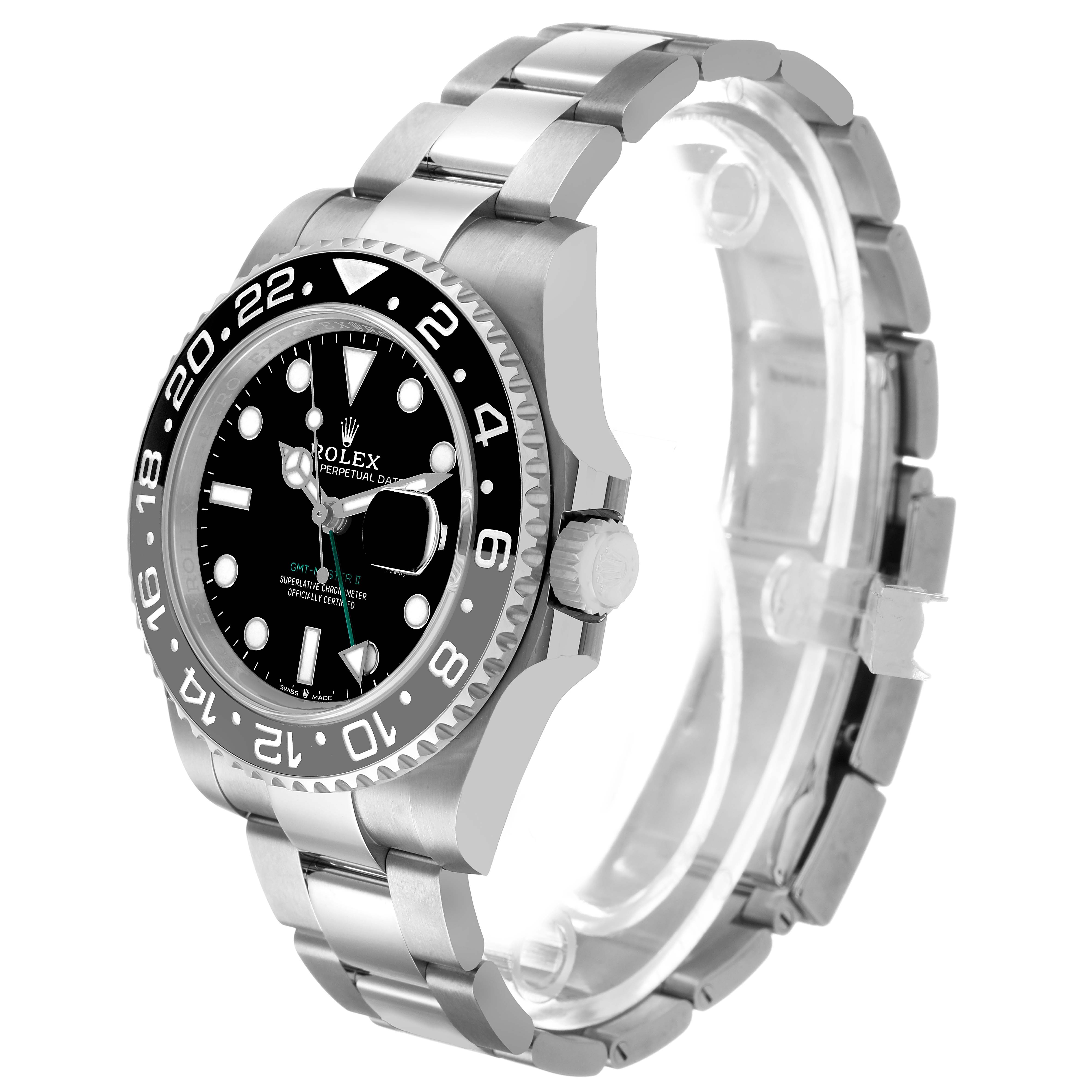 The Rolex GMT-Master 126710 Men's Stainless Steel Black Dial watch is shown from a three-quarter angle, displaying the bezel, dial, case, and bracelet clearly.