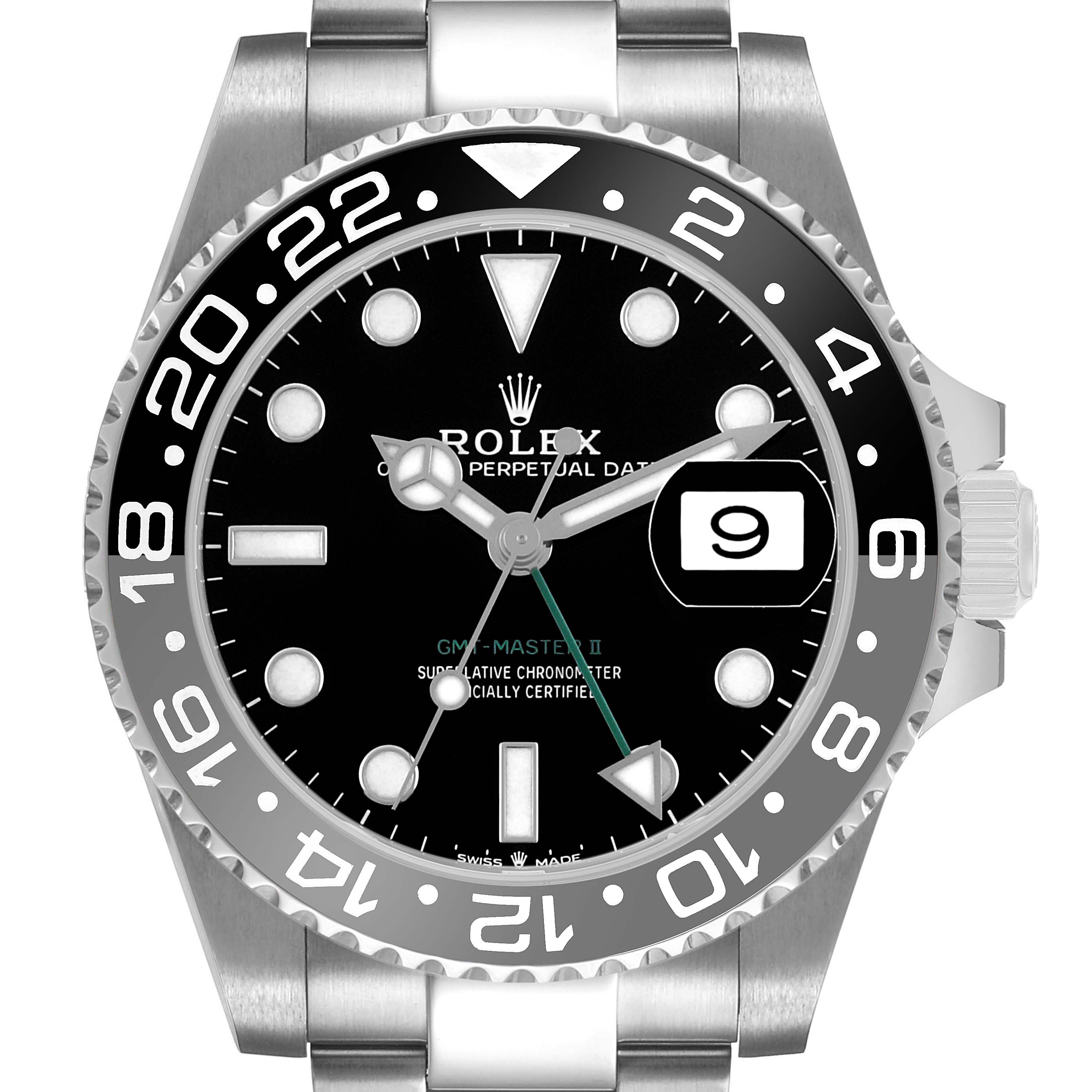 The Rolex GMT-Master 126710 Men's Stainless Steel Black Dial watch is shown from a front angle, highlighting the bezel, dial, hands, and date window.
