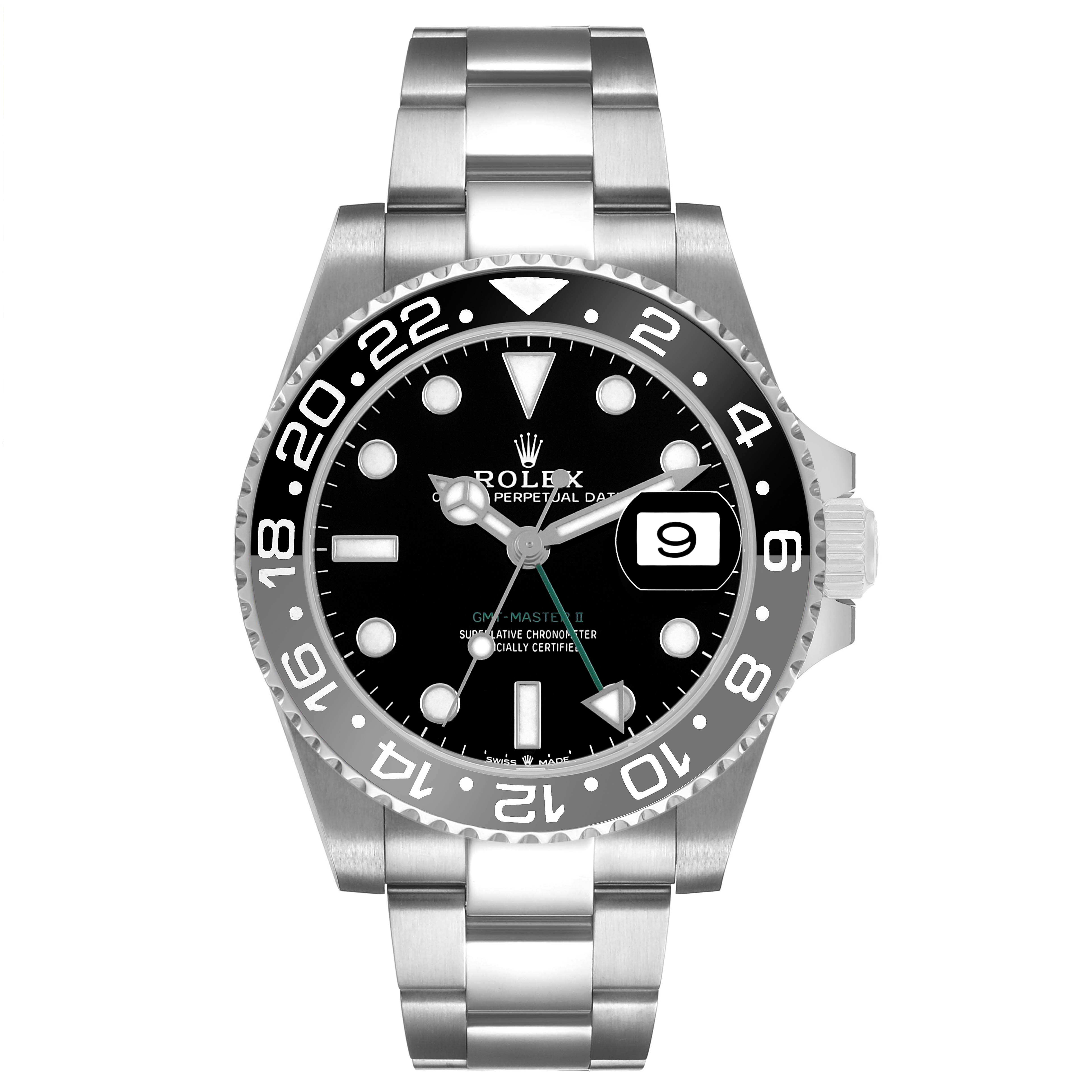 The Rolex GMT-Master 126710 Men's Stainless Steel Black Dial watch is shown from the front, displaying the bezel, dial, hands, and bracelet.