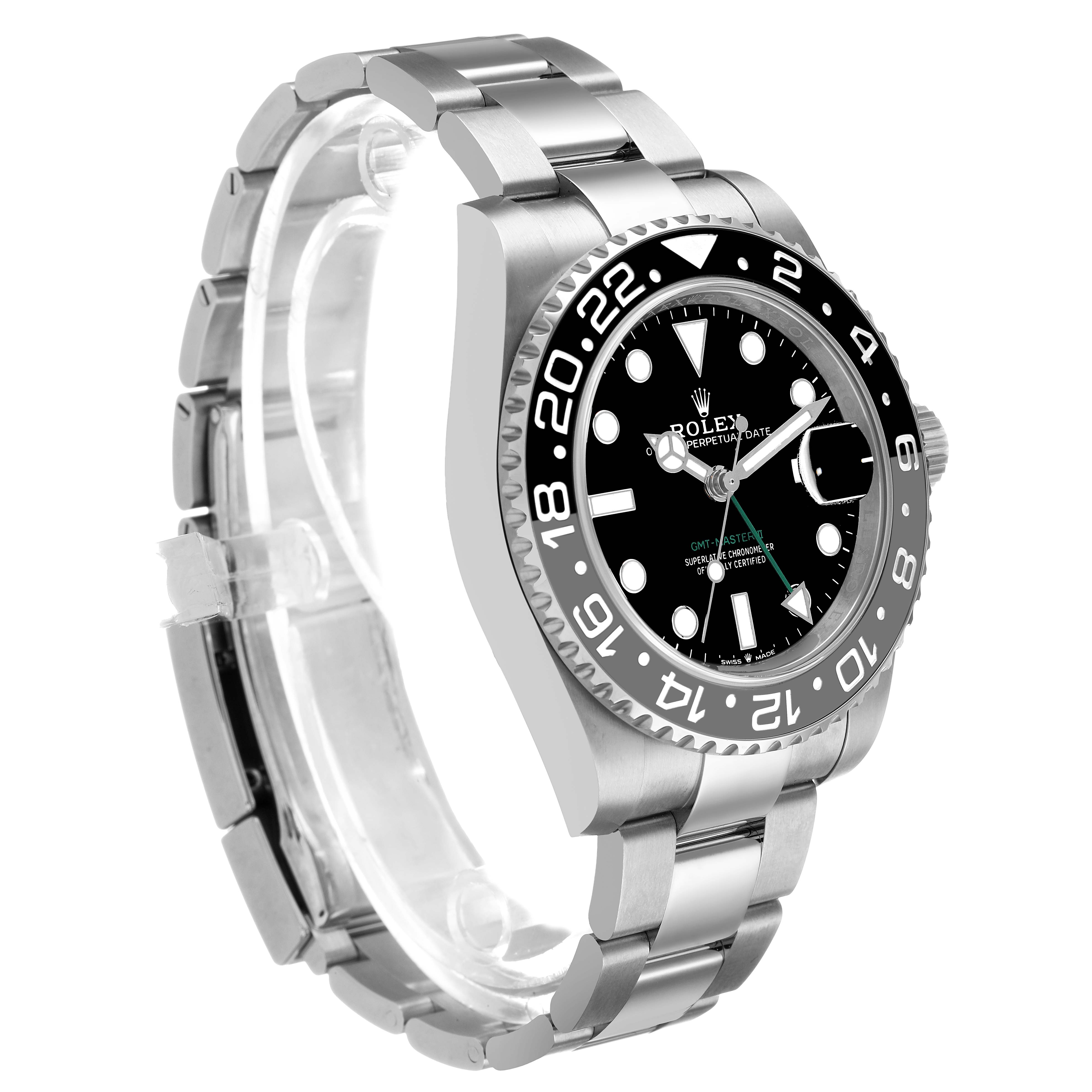 The Rolex GMT-Master 126710 Men's Stainless Steel Black Dial is shown from a front side angle, displaying the bezel, dial, and bracelet.