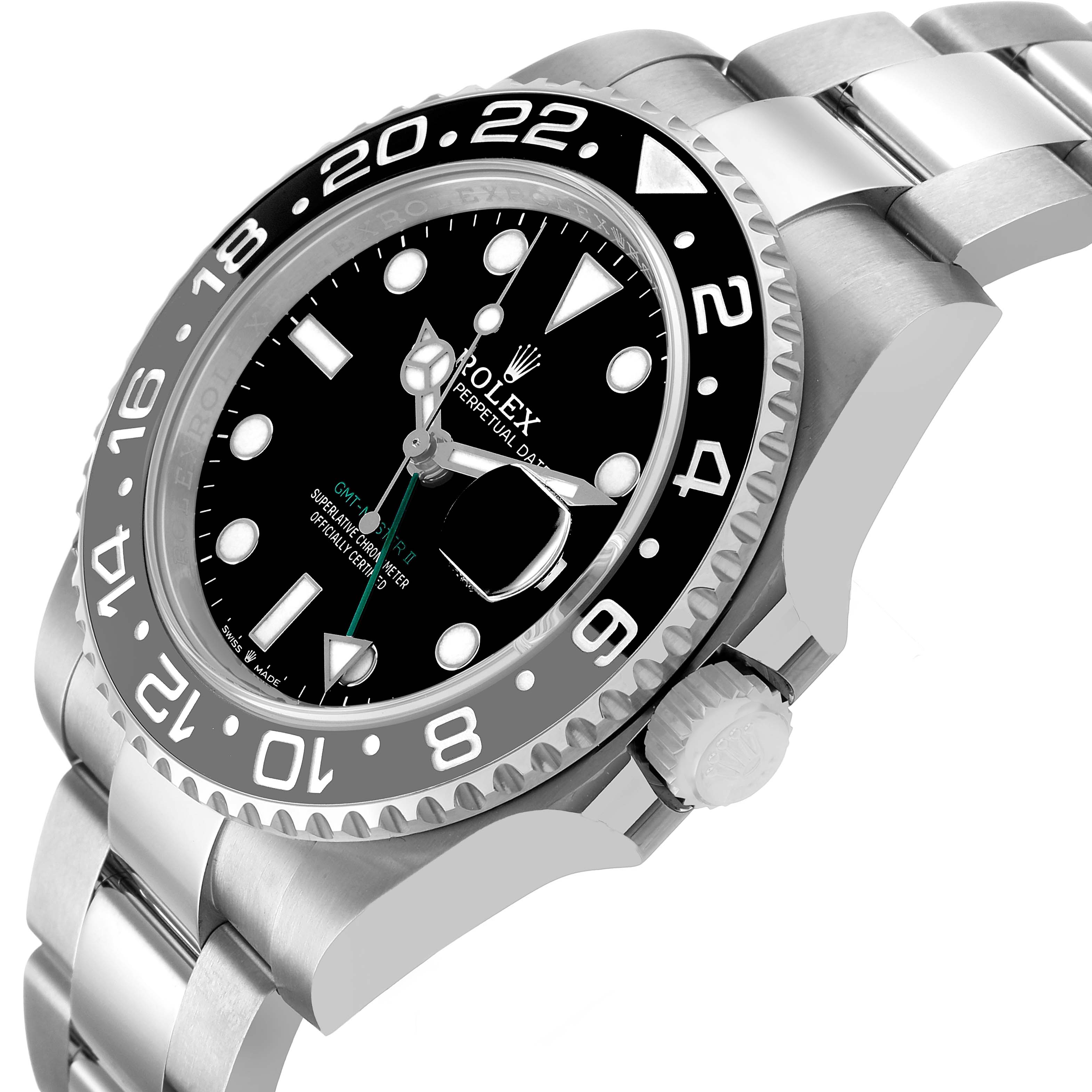 The Rolex GMT-Master 126710 Men's Stainless Steel Black Dial watch is shown at a slight angle, displaying the face, bezel, crown, and bracelet links.