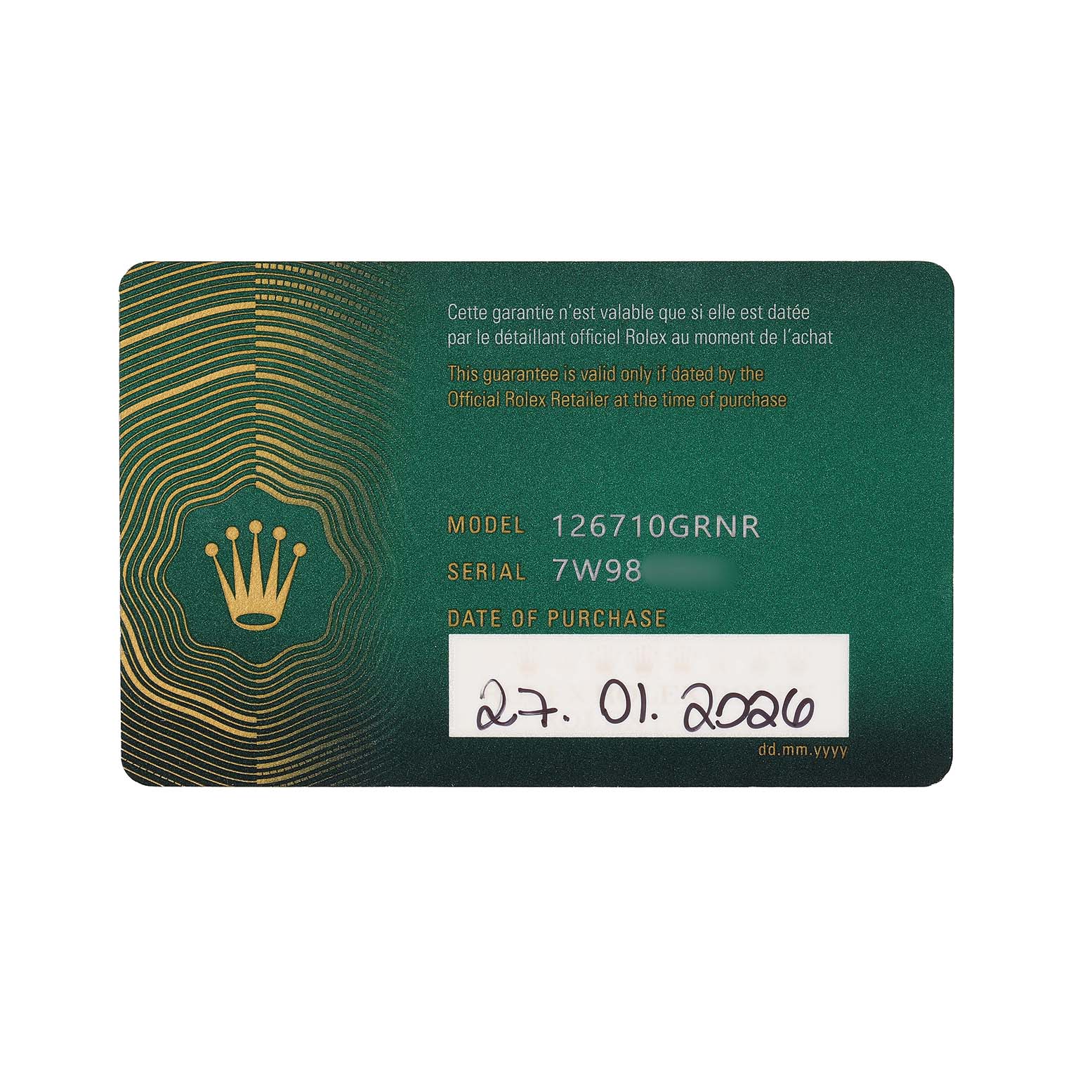 This image shows a warranty card for the Rolex GMT-Master 126710 Men's Stainless Steel Black Dial model 126710GRNR.