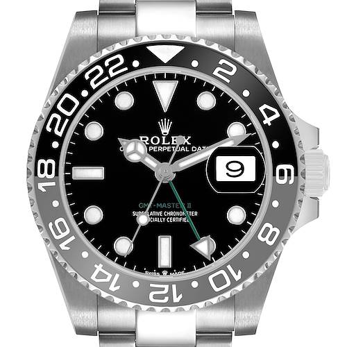 The Rolex GMT-Master 126710 Men's Stainless Steel Black Dial model is shown from the front, detailing the bezel, dial, hands, and date window.
