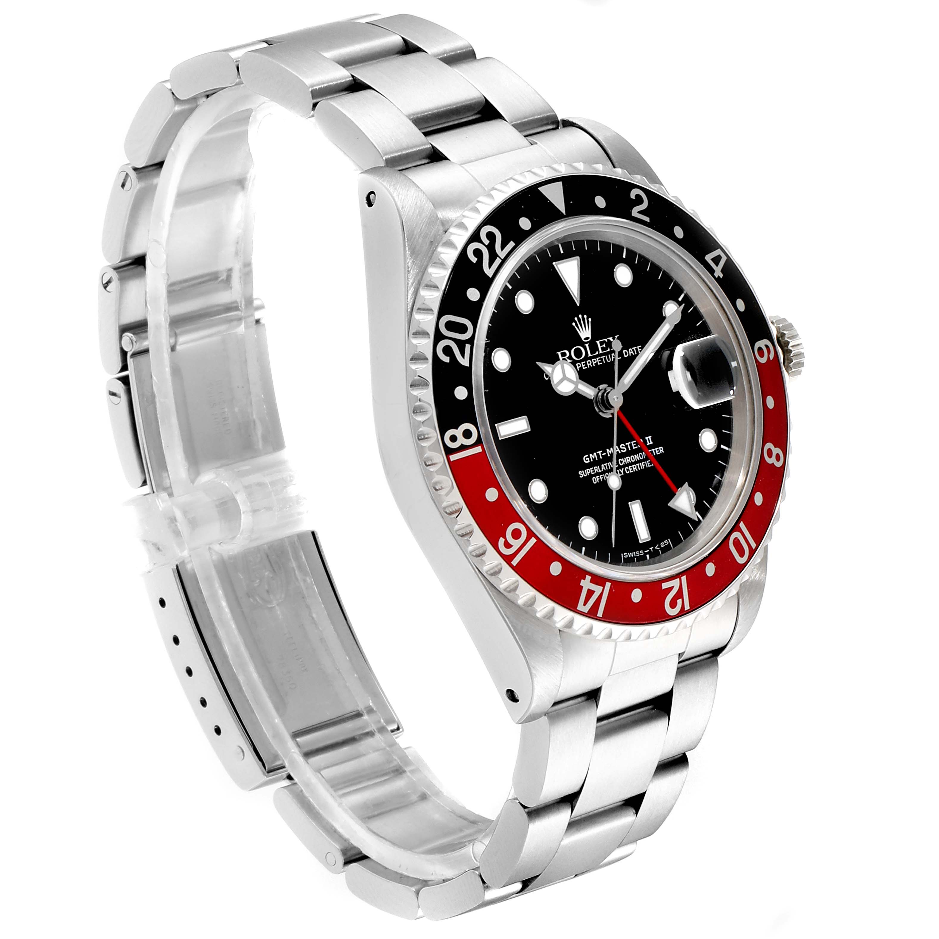This image shows a Rolex GMT-Master 16710 Men
s Stainless Steel Black Dial 16710 Men
s Stainless Steel Black Dial watch at a slight right side angle, highlighting the face and part of the bracelet.