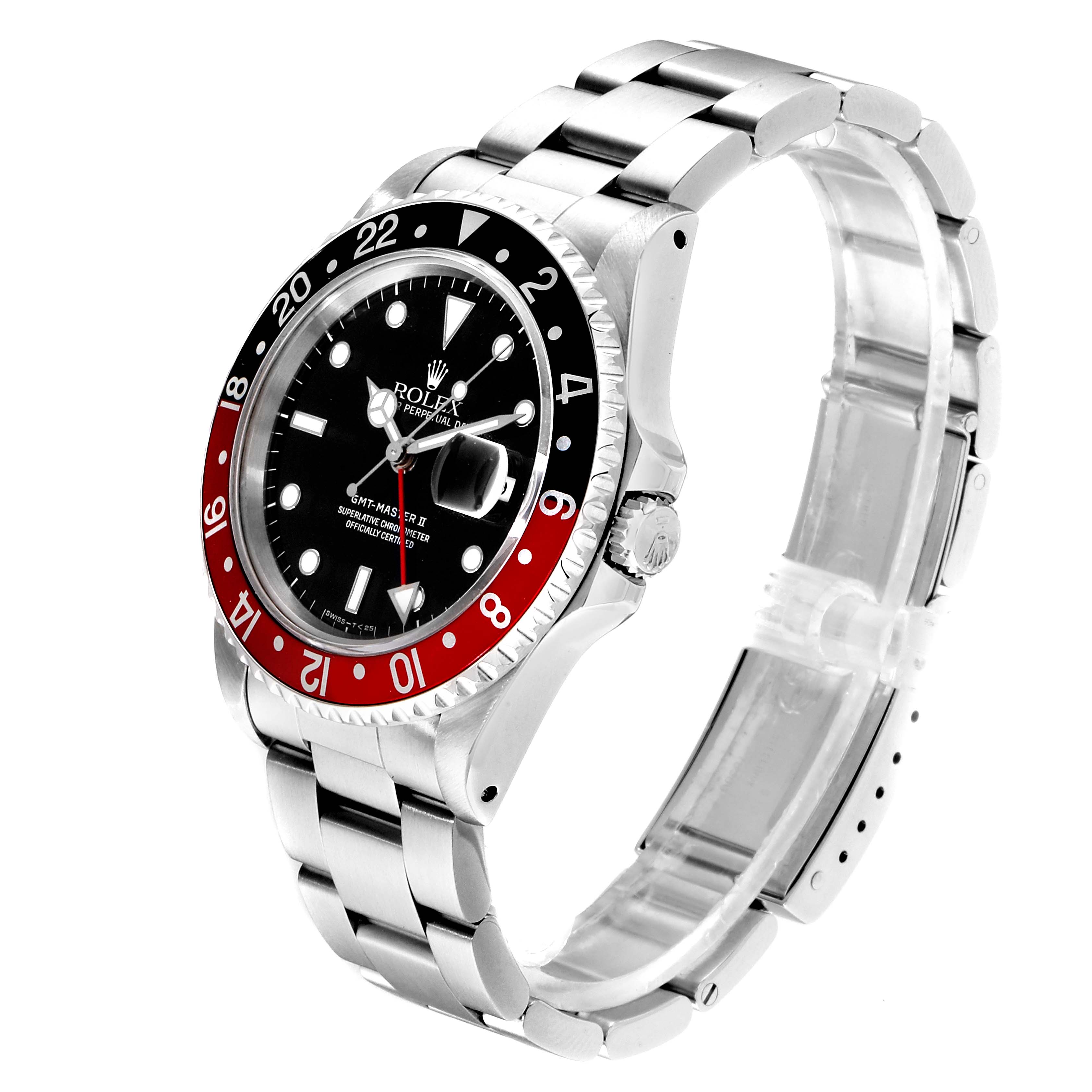 The Rolex GMT-Master 16710 Men
s Stainless Steel Black Dial 16710 Men
s Stainless Steel Black Dial watch is shown at a three-quarter angle highlighting the face, bezel, and metal bracelet.