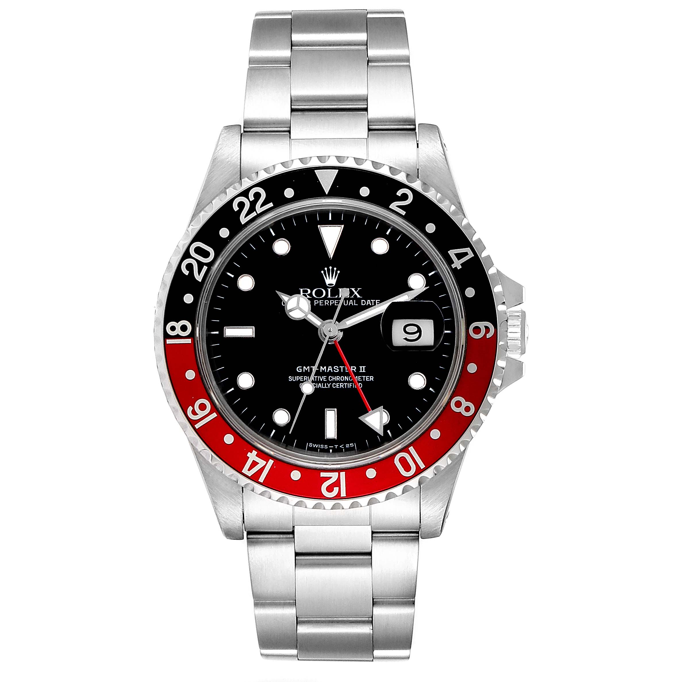 The Rolex GMT-Master 16710 Men
s Stainless Steel Black Dial 16710 Men
s Stainless Steel Black Dial watch is shown from the front, highlighting its black and red bezel, black dial, date window, and stainless steel bracelet.