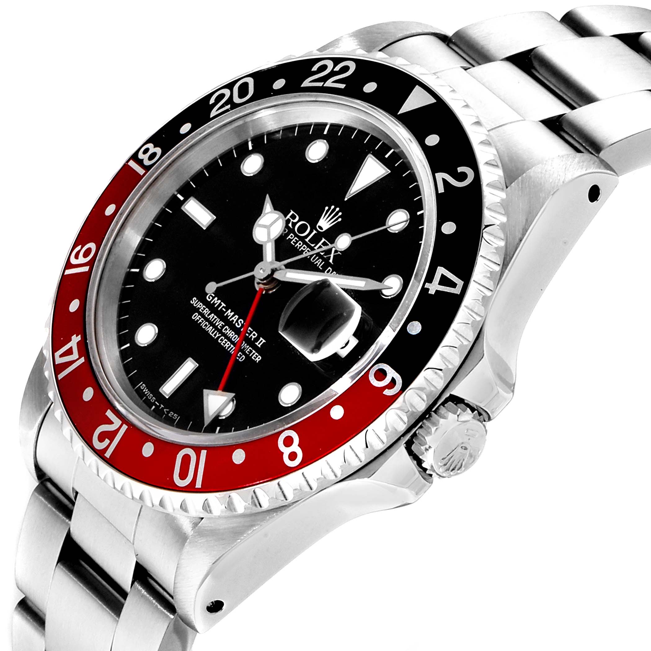 The Rolex GMT-Master 16710 Men
s Stainless Steel Black Dial 16710 Men
s Stainless Steel Black Dial watch is shown at a slight angle, displaying its bezel, dial, crown, and part of the bracelet.