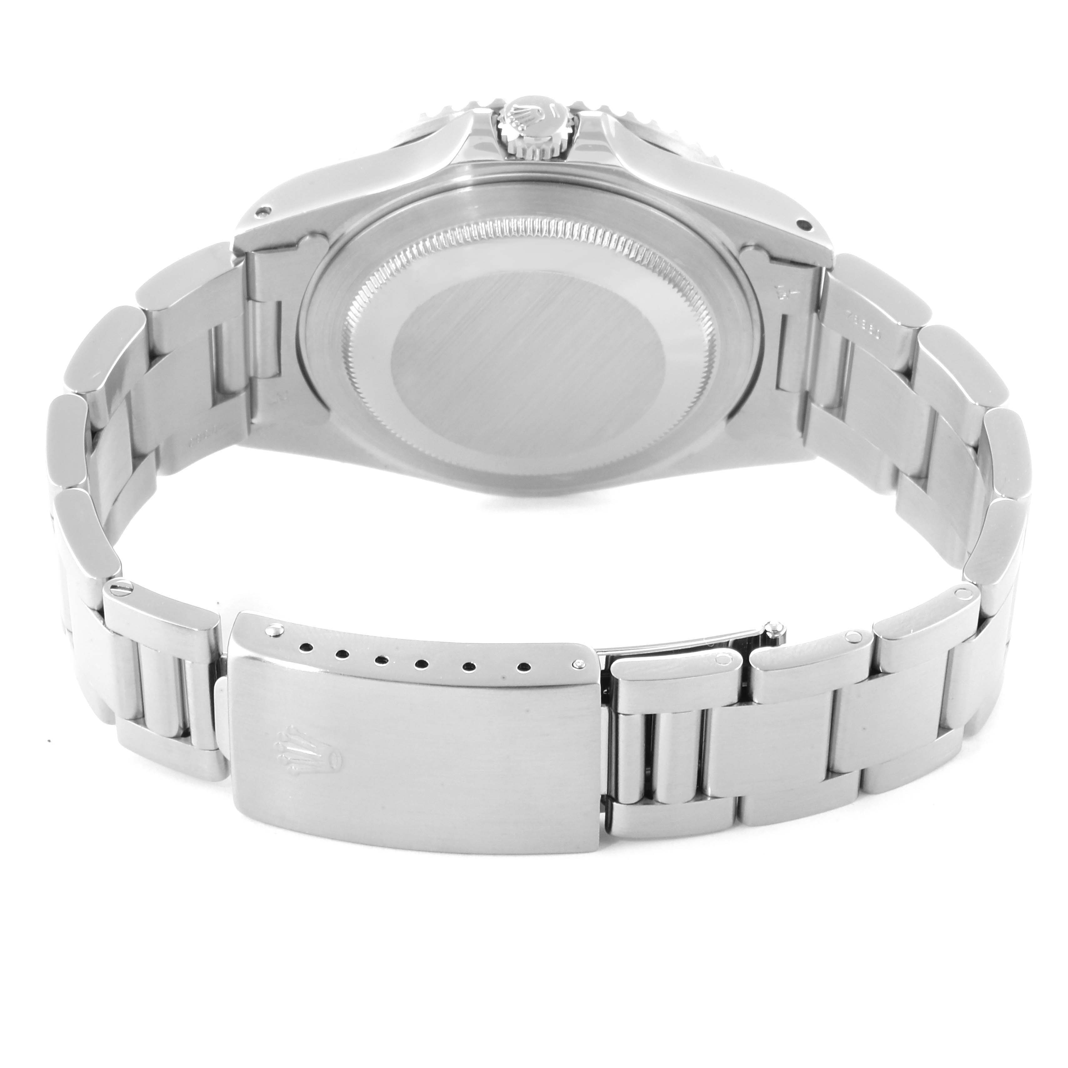 The image shows the back case and bracelet of a Rolex GMT-Master 16710 Men
s Stainless Steel Black Dial 16710 Men
s Stainless Steel Black Dial watch from a rear angle.