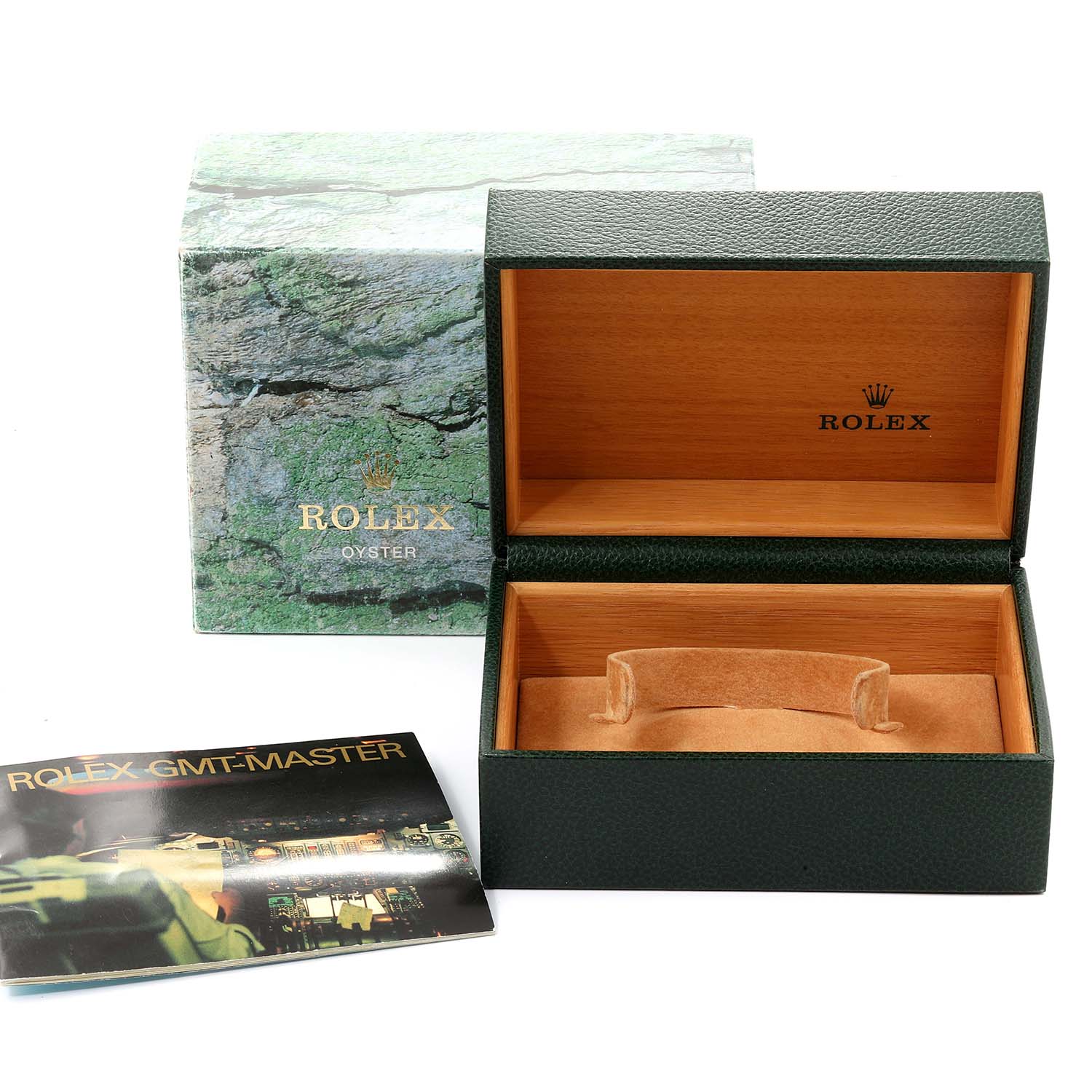 The image displays the packaging of a Rolex GMT-Master 16710 Men
s Stainless Steel Black Dial 16710 Men
s Stainless Steel Black Dial, including a green watch box, outer cardboard box, and an instruction booklet.