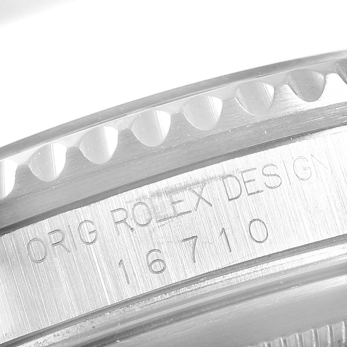 The image shows a close-up of the case side with the model number of the Rolex GMT-Master 16710 Men
s Stainless Steel Black Dial 16710 Men
s Stainless Steel Black Dial watch.