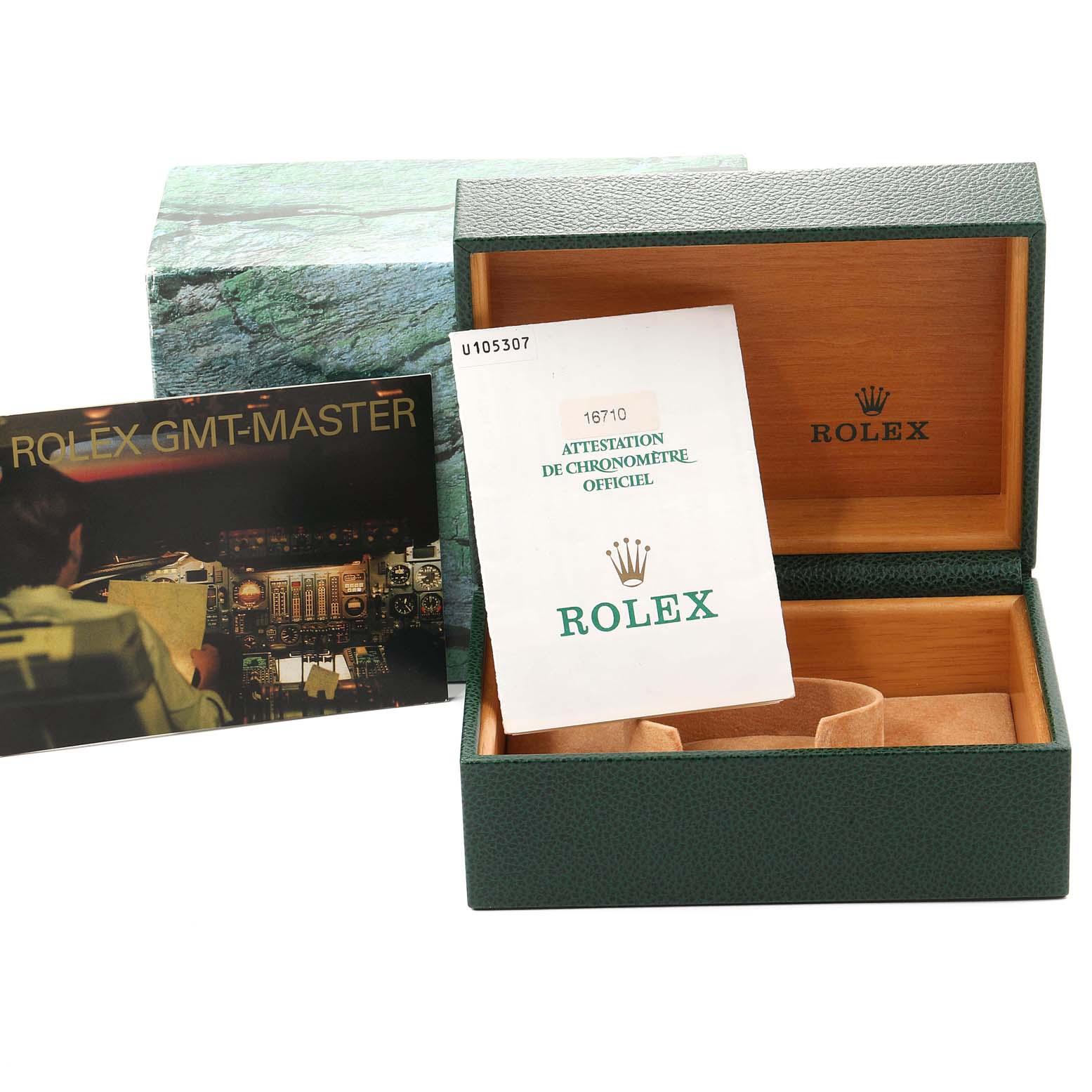 The image shows a Rolex GMT-Master 16710 Men's Stainless Steel Black Dial 16710 Men's Stainless Steel Black Dial watch box, official chronometer certification, and a booklet from a front angle.