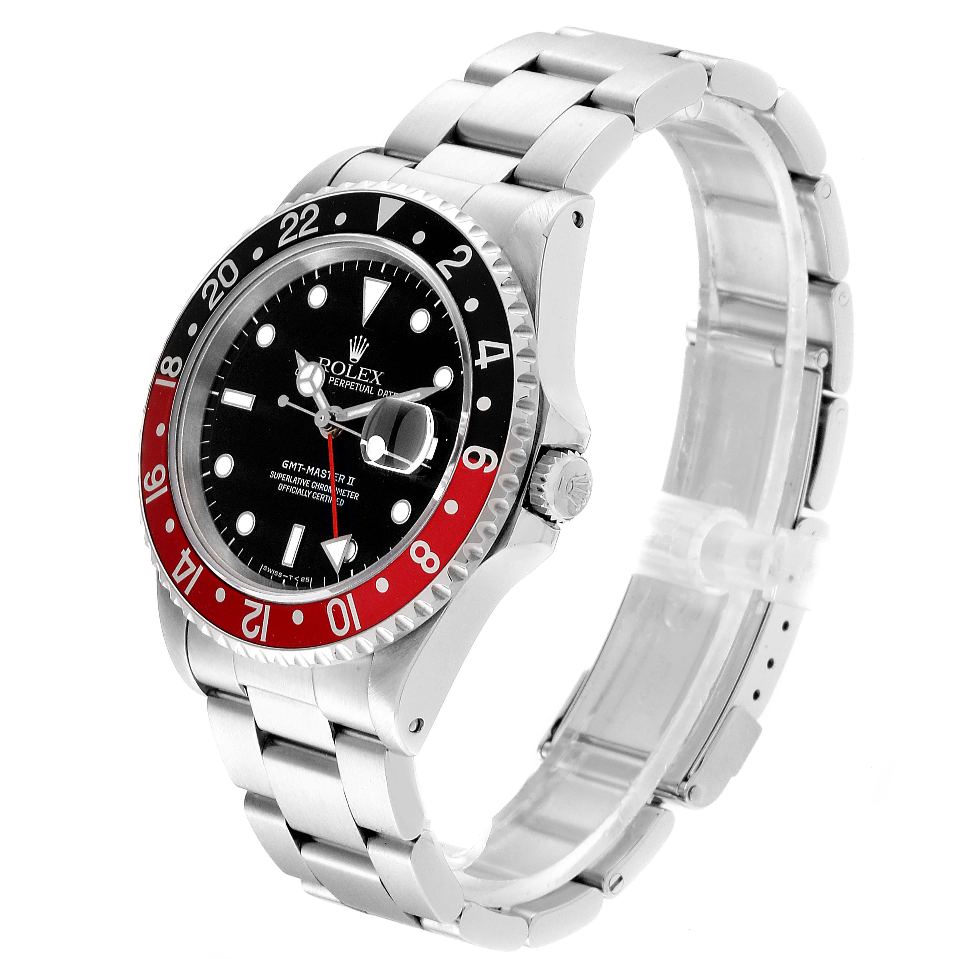 The Rolex GMT-Master 16710 Men's Stainless Steel Black Dial 16710 Men's Stainless Steel Black Dial watch is shown at a three-quarter angle, highlighting the bezel, dial, and stainless steel bracelet.