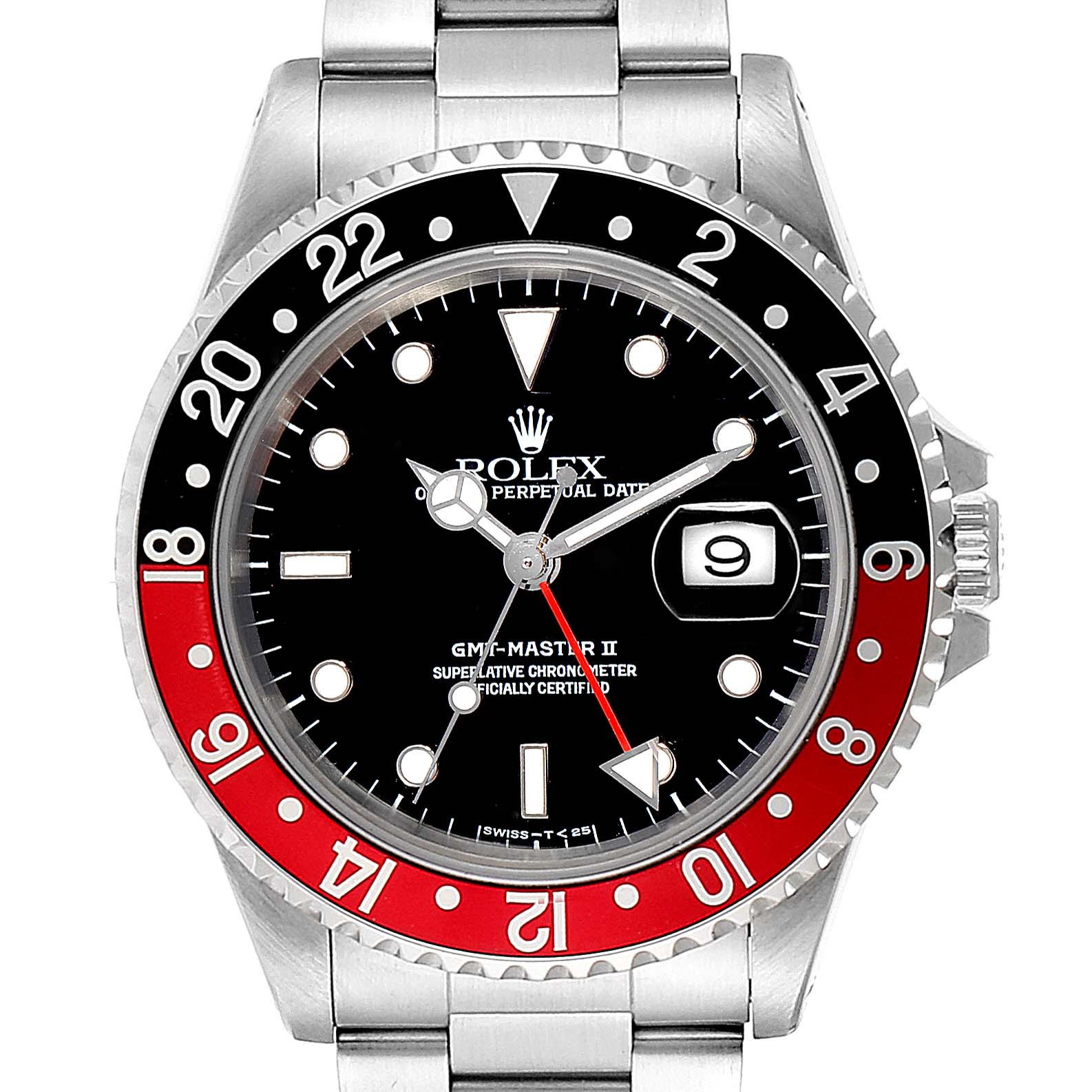 The image shows a front view of a Rolex GMT-Master 16710 Men's Stainless Steel Black Dial 16710 Men's Stainless Steel Black Dial II watch, highlighting the bezel, dial, date, and bracelet.