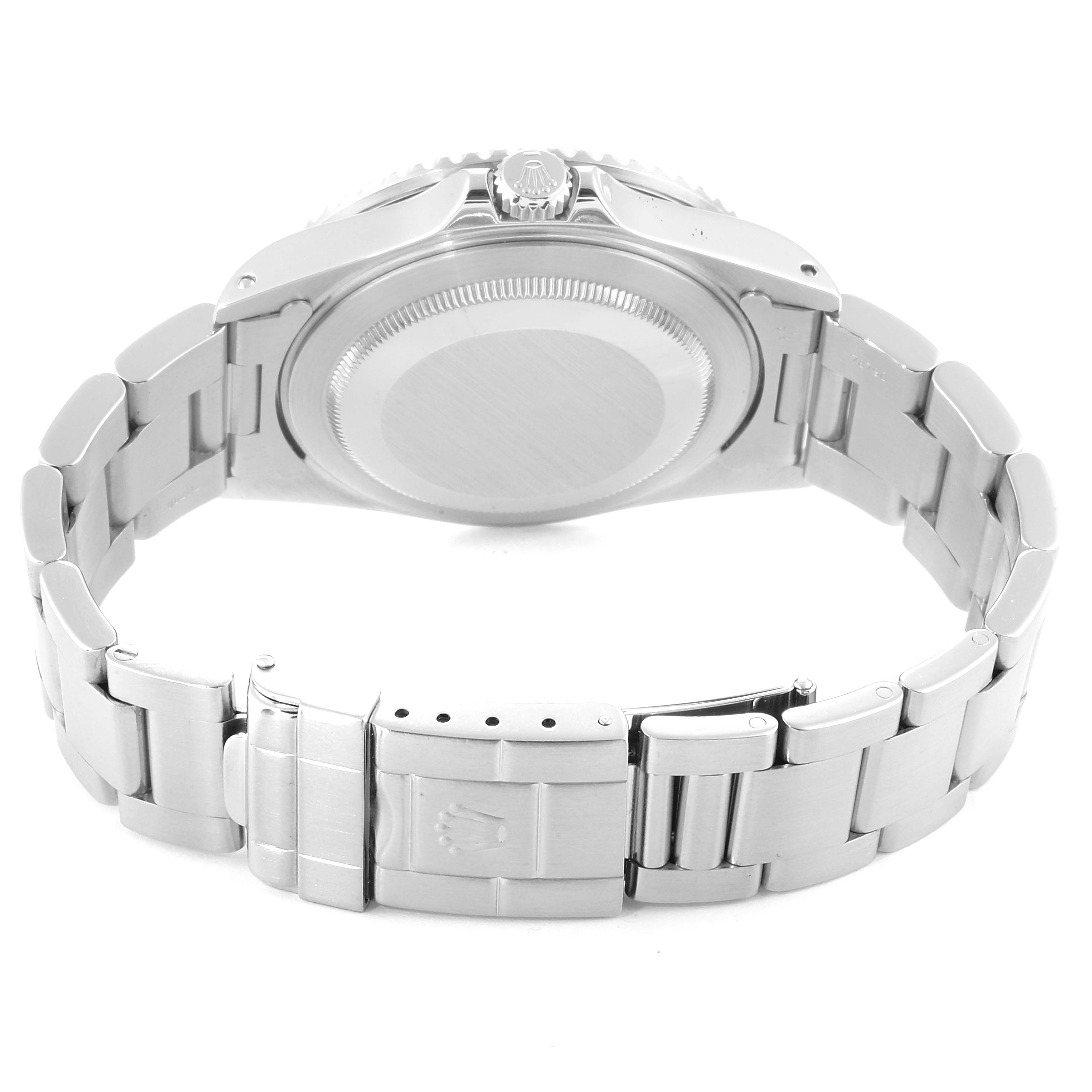 The image shows the back case and bracelet of a Rolex GMT-Master 16710 Men's Stainless Steel Black Dial 16710 Men's Stainless Steel Black Dial watch from a rear angle.