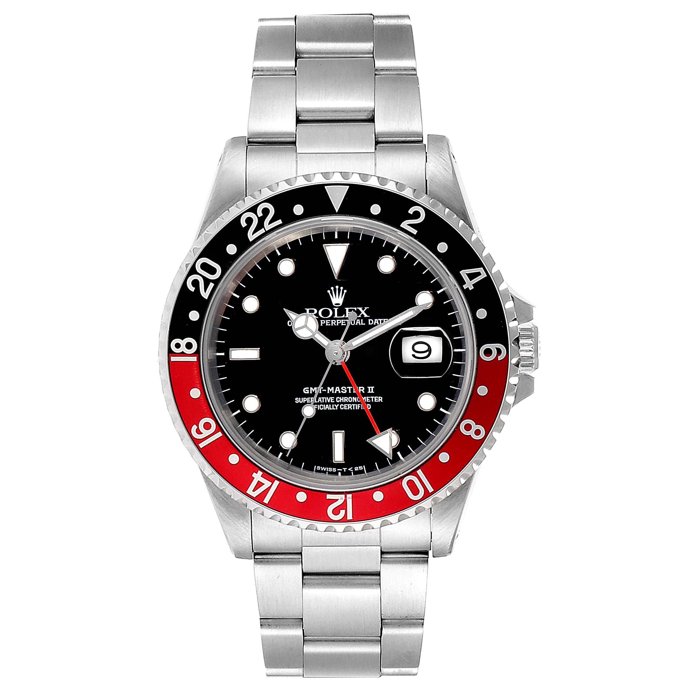 The image shows a front view of a Rolex GMT-Master 16710 Men's Stainless Steel Black Dial 16710 Men's Stainless Steel Black Dial II watch, highlighting its dial, bezel, and bracelet.