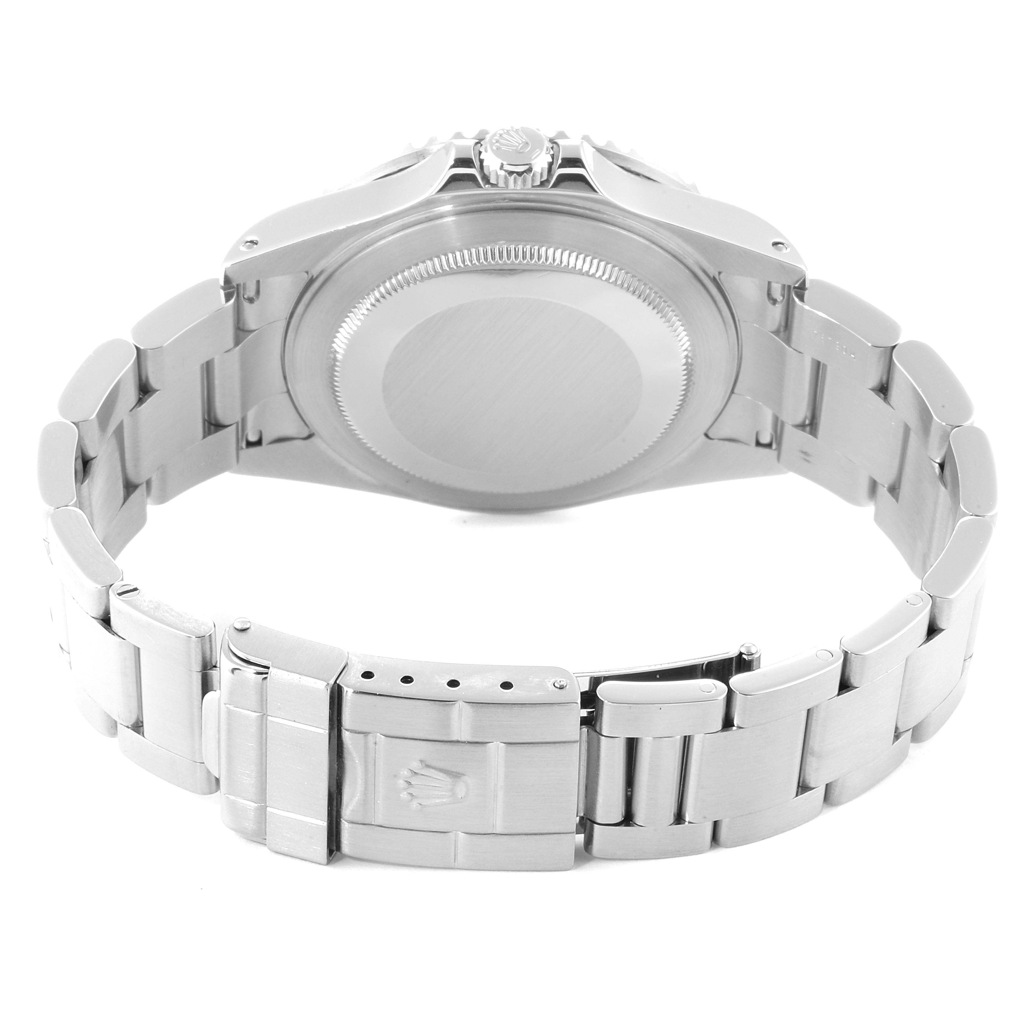 The image shows the back view of the Rolex GMT-Master 16710 Men's Stainless Steel Black Dial 16710 Men's Stainless Steel Black Dial watch, focusing on the case back and the bracelet clasp.