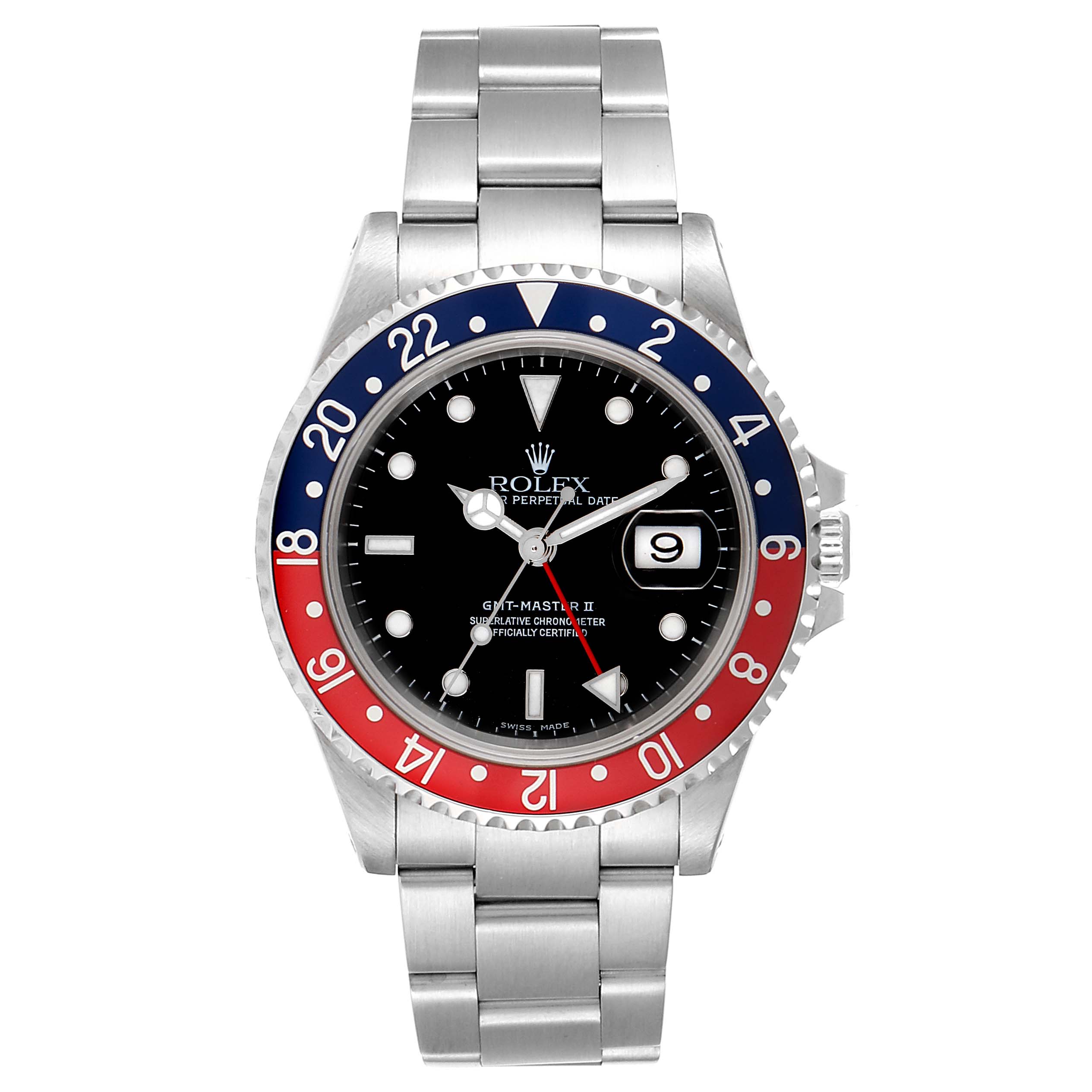 This image shows the front view of a Rolex GMT-Master 16710 Men's Stainless Steel Black Dial 16710 Men's Stainless Steel Black Dial watch, highlighting its dial, bezel, and bracelet.